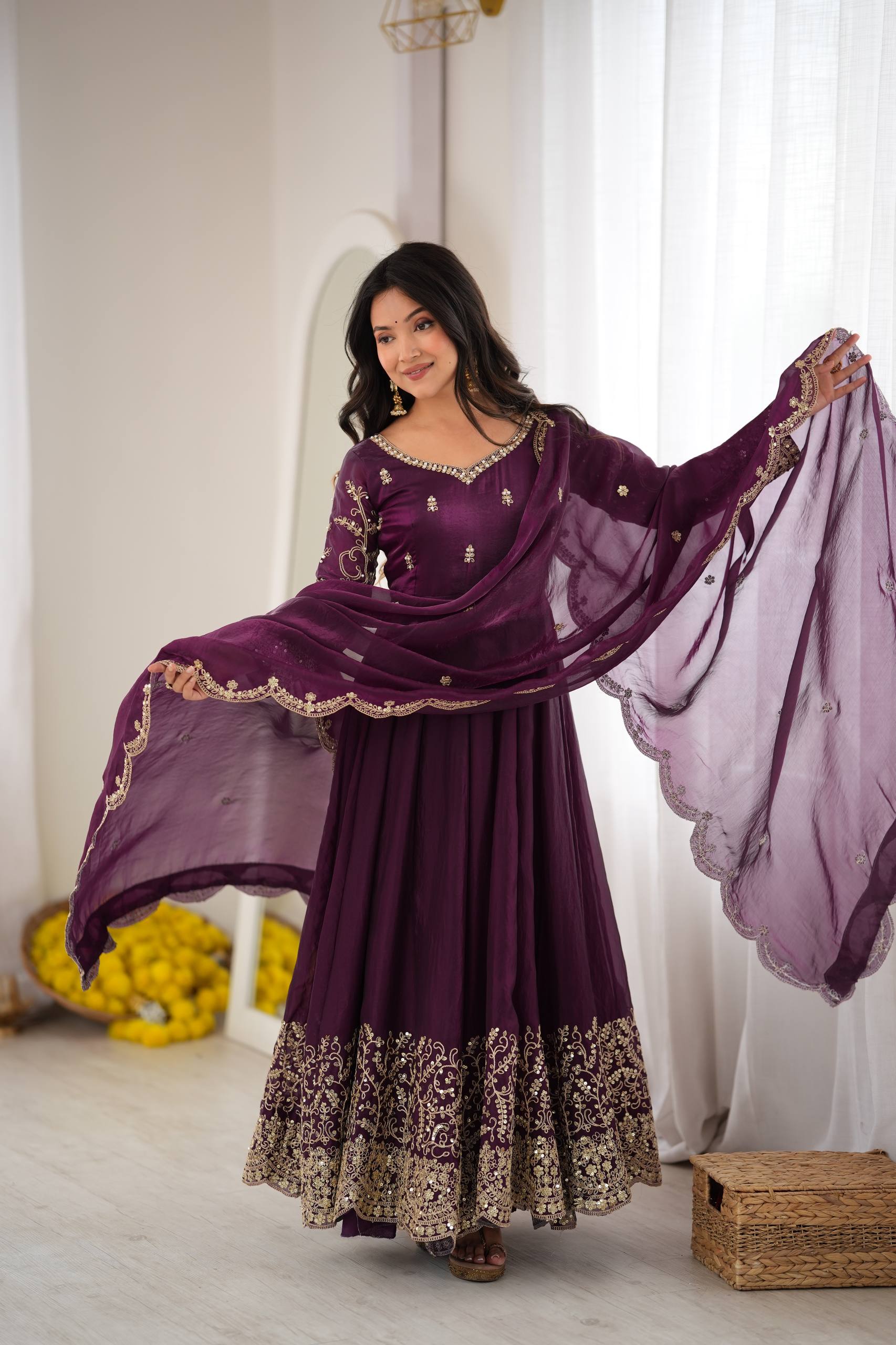 Purple Fendy Silk Embroidered Anarkali Gown with Dupatta & Pant Set