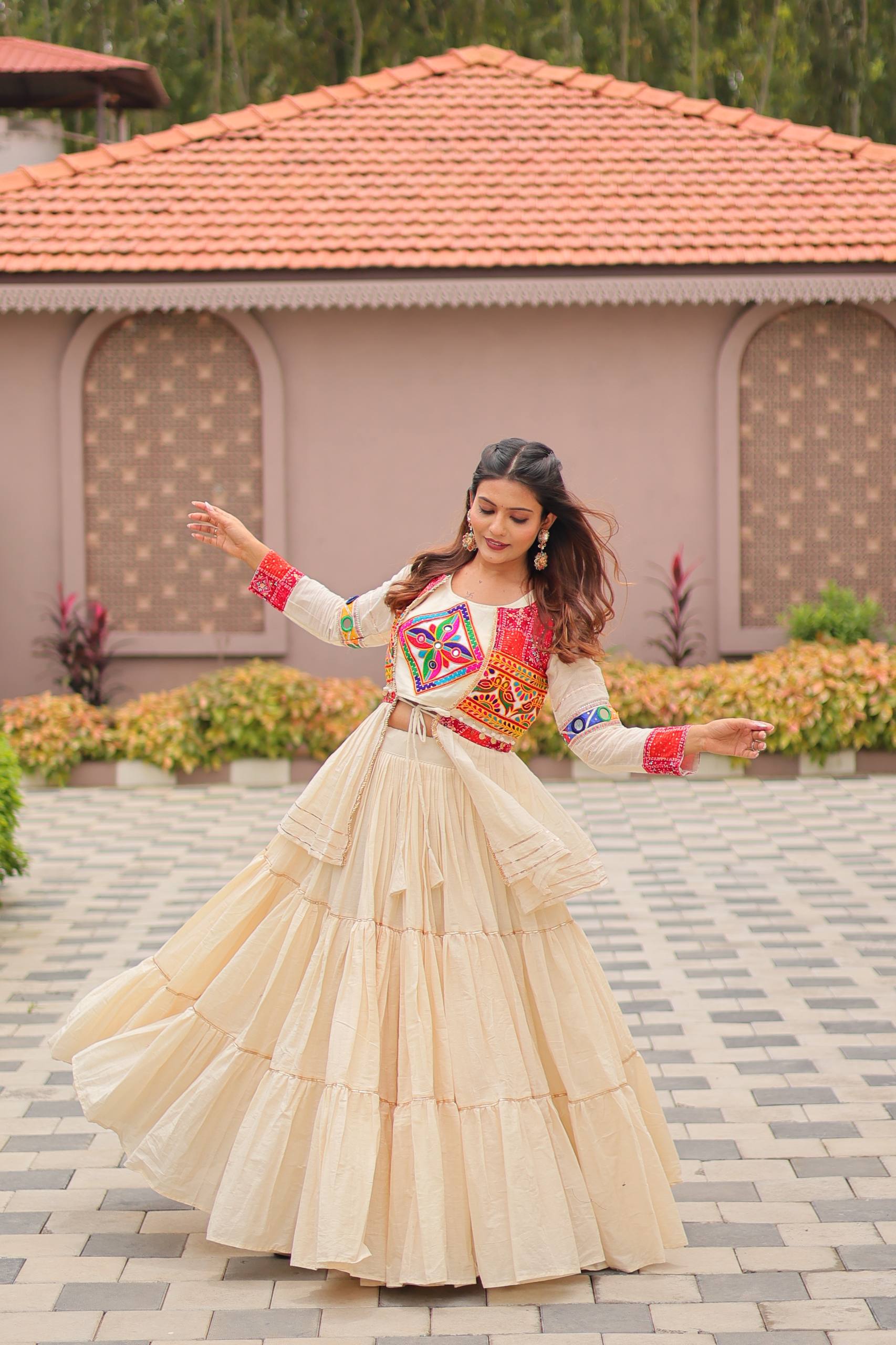 Ivory Cream Pure Cotton Gamthi Work Lehenga Choli with Koti