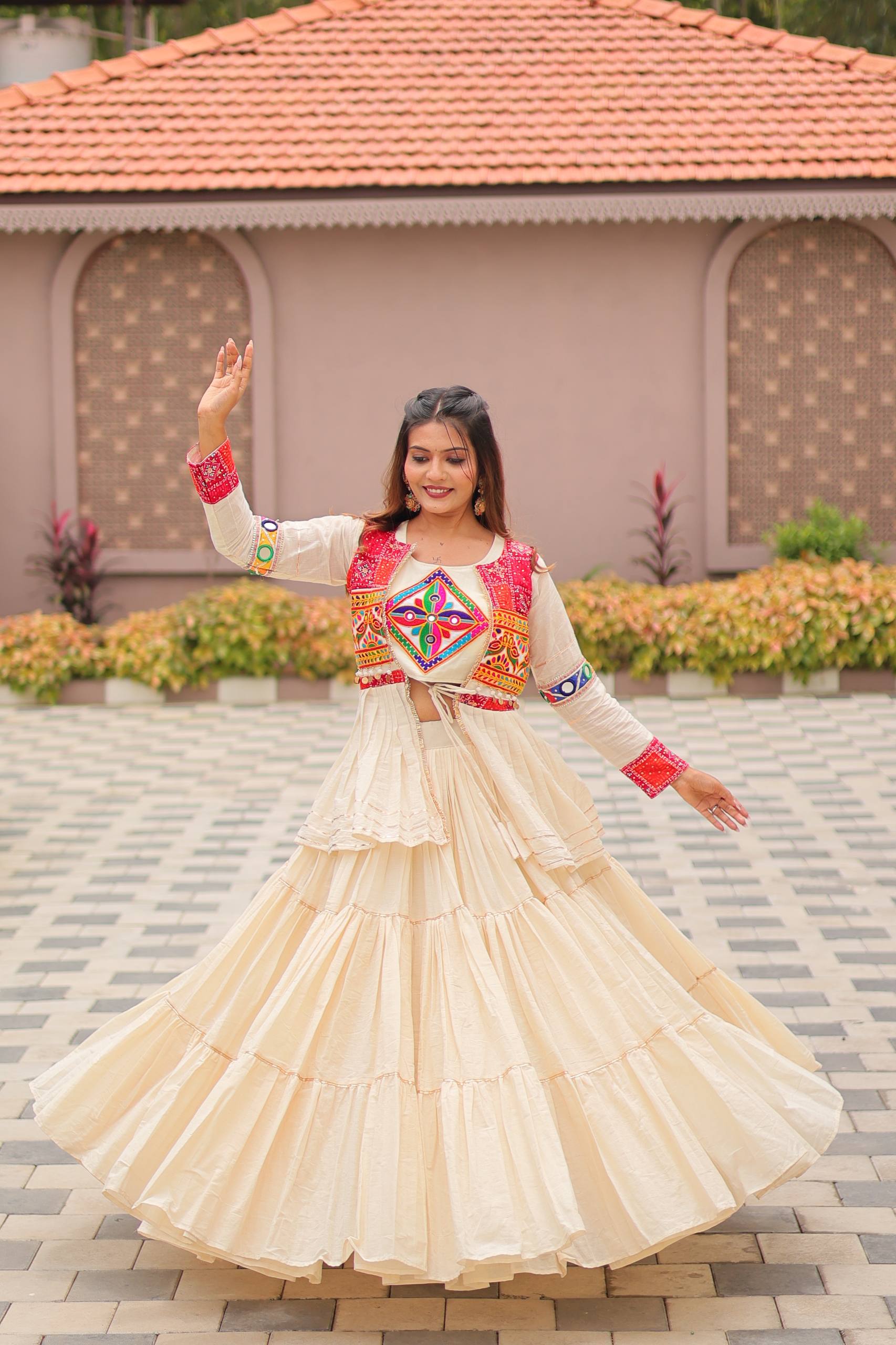 Ivory Cream Pure Cotton Gamthi Work Lehenga Choli with Koti