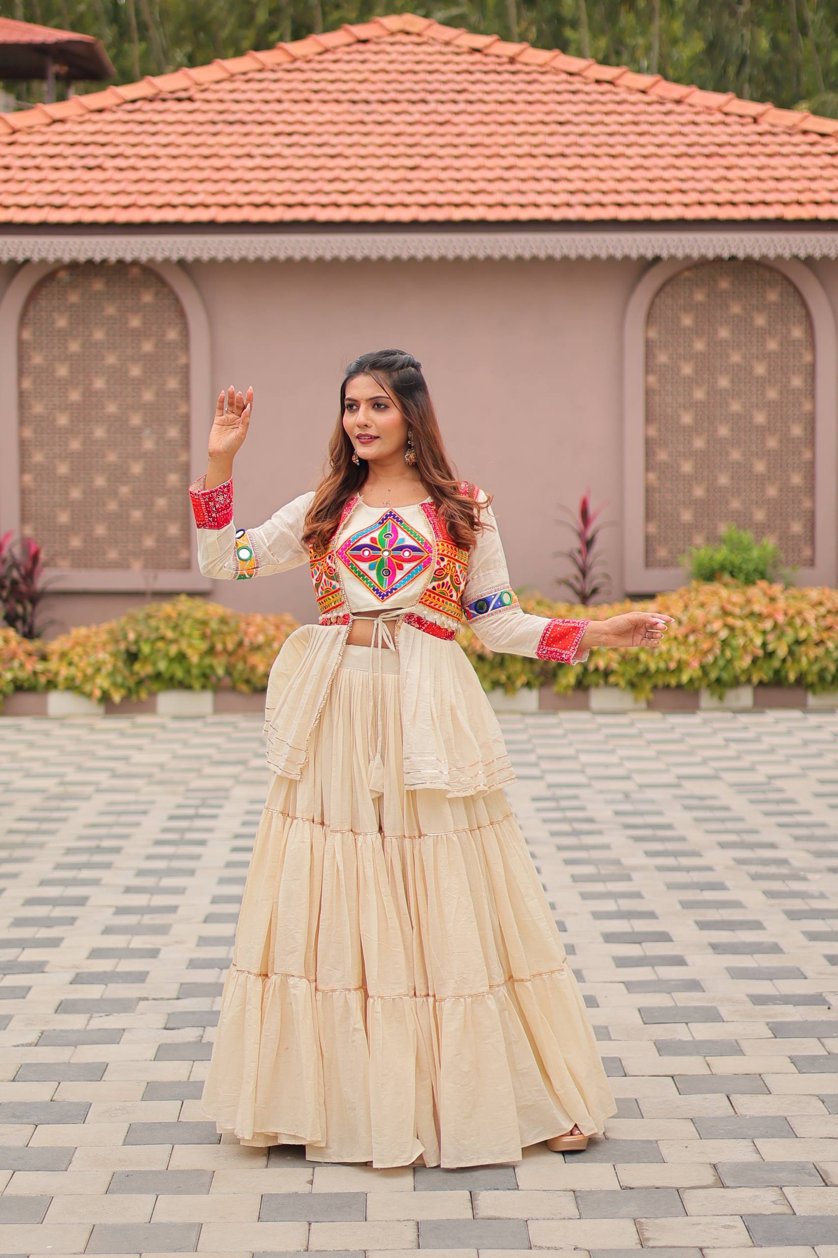 Ivory Cream Pure Cotton Gamthi Work Lehenga Choli with Koti
