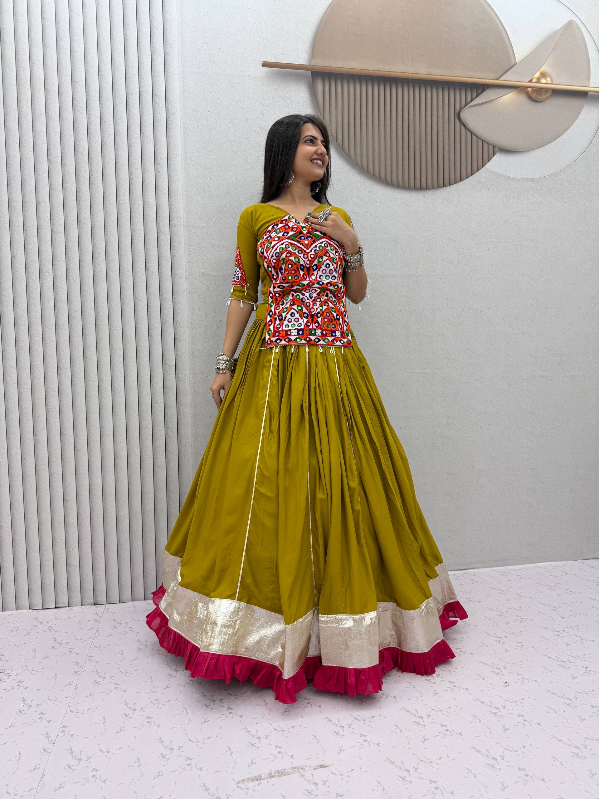 Olive Green Gamthi Mirror Work Cotton Lehenga Choli | Navratri Special