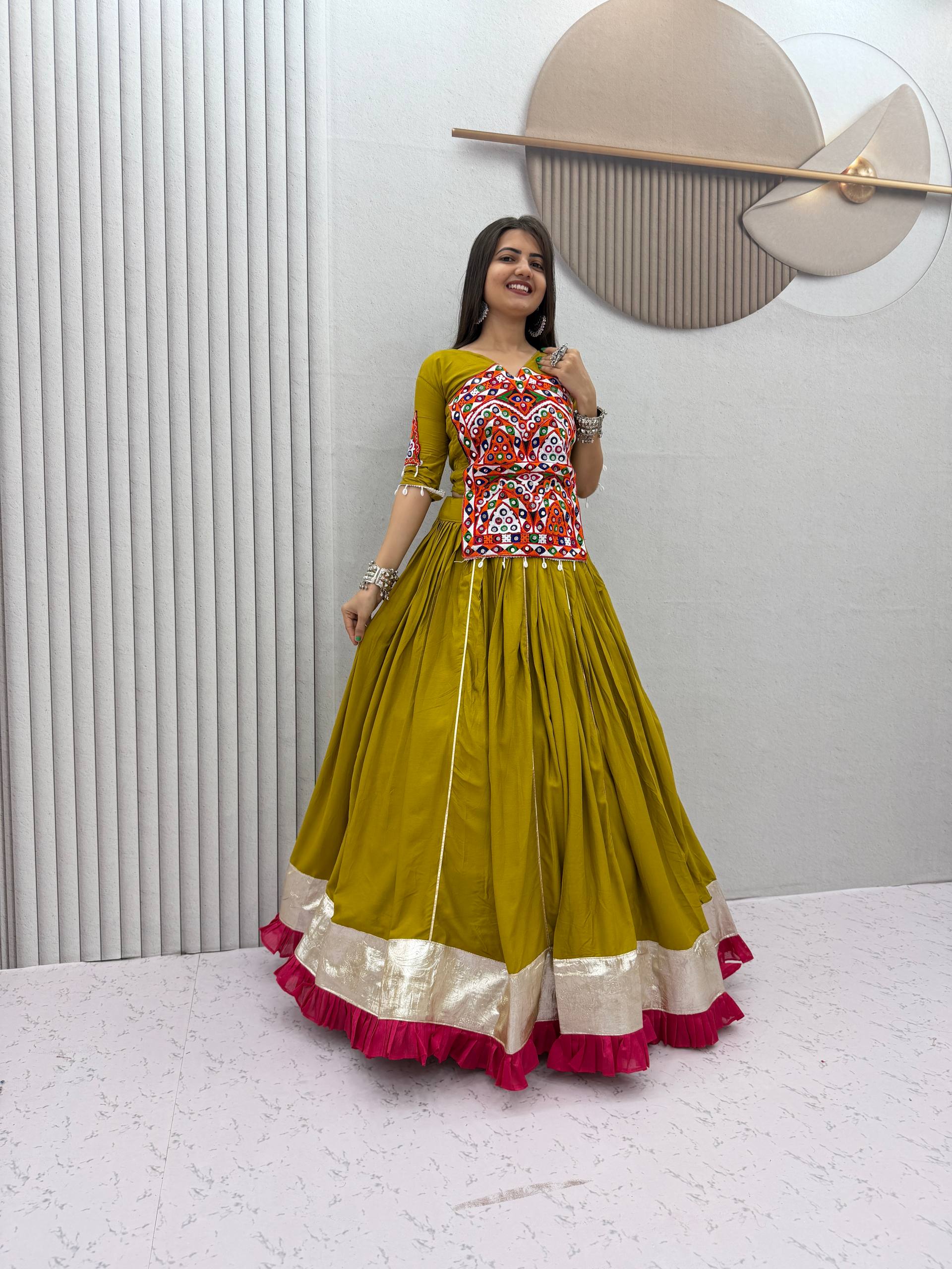 Olive Green Gamthi Mirror Work Cotton Lehenga Choli | Navratri Special