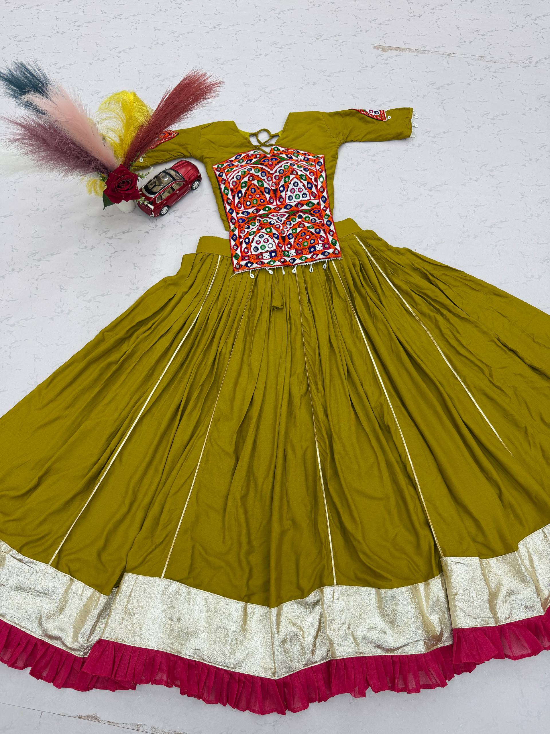 Olive Green Gamthi Mirror Work Cotton Lehenga Choli | Navratri Special
