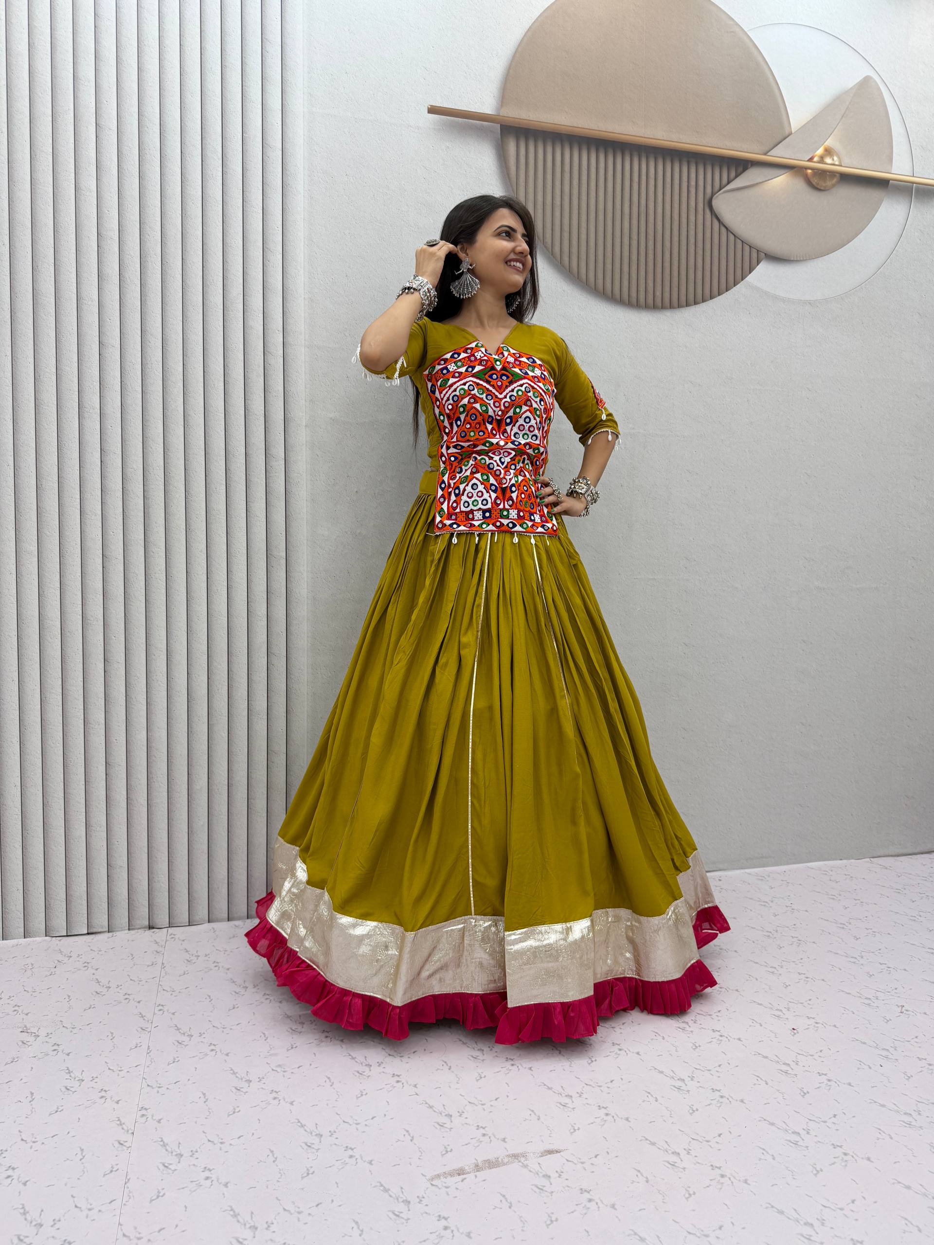 Olive Green Gamthi Mirror Work Cotton Lehenga Choli | Navratri Special