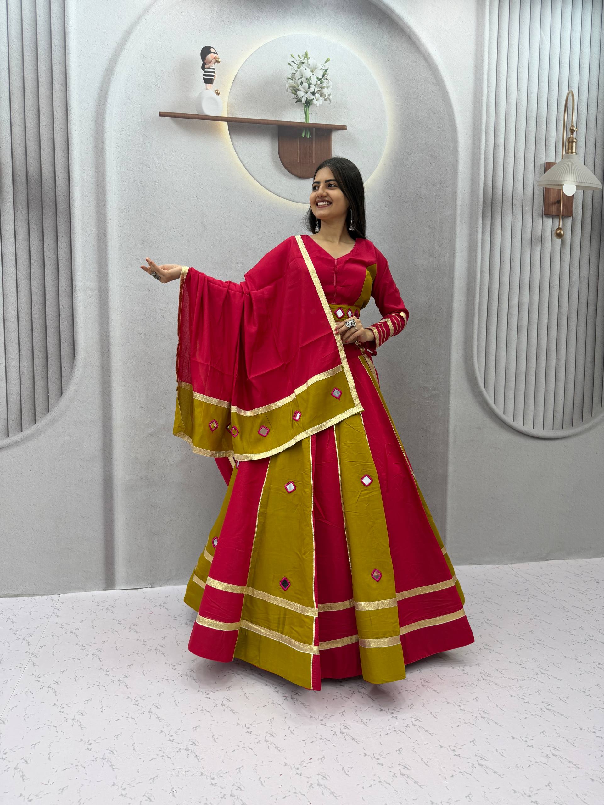 Rani Pink & Mehendi Green Roman Silk Mirror Work Lehenga Choli Set