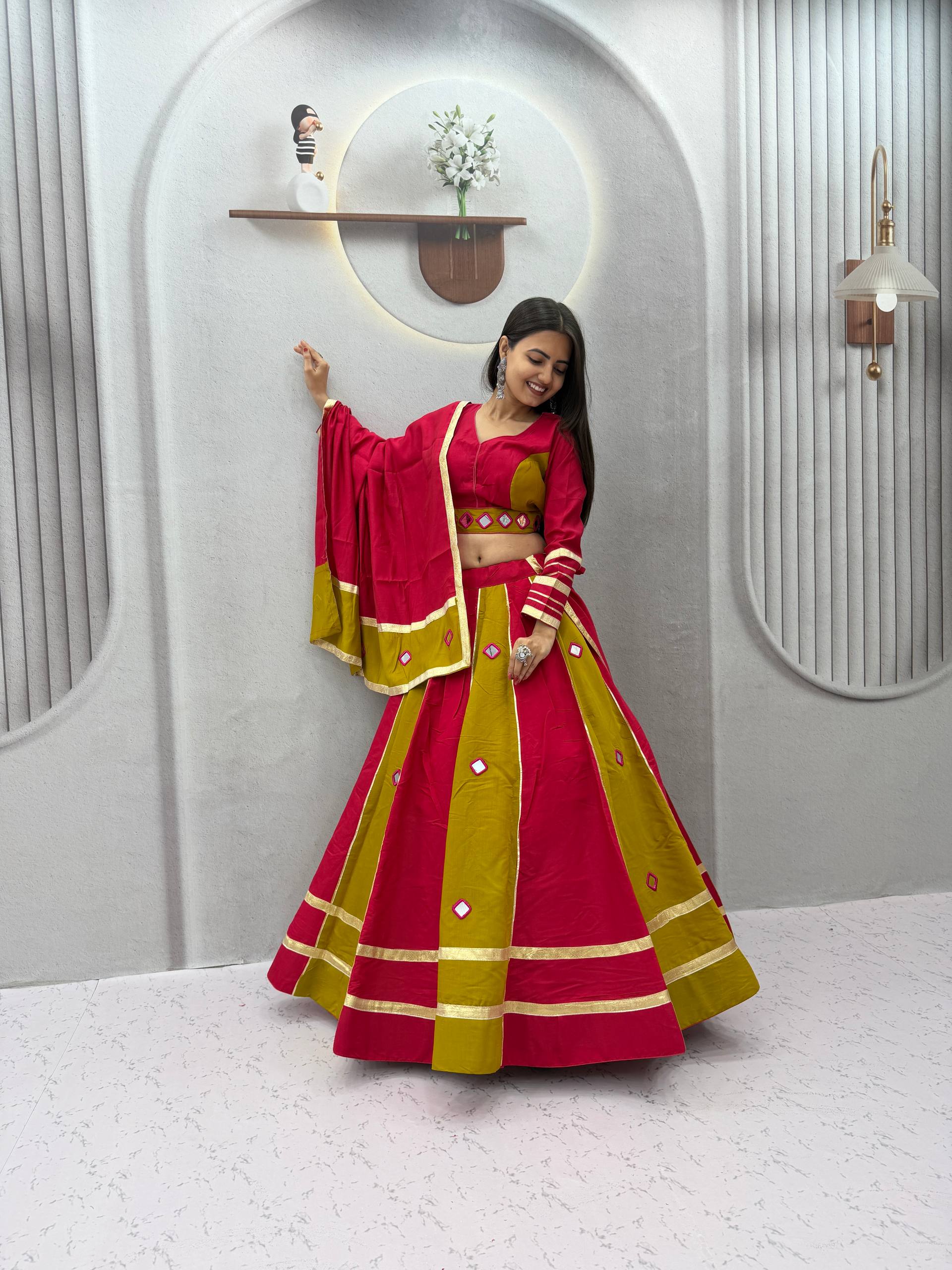 Rani Pink & Mehendi Green Roman Silk Mirror Work Lehenga Choli Set