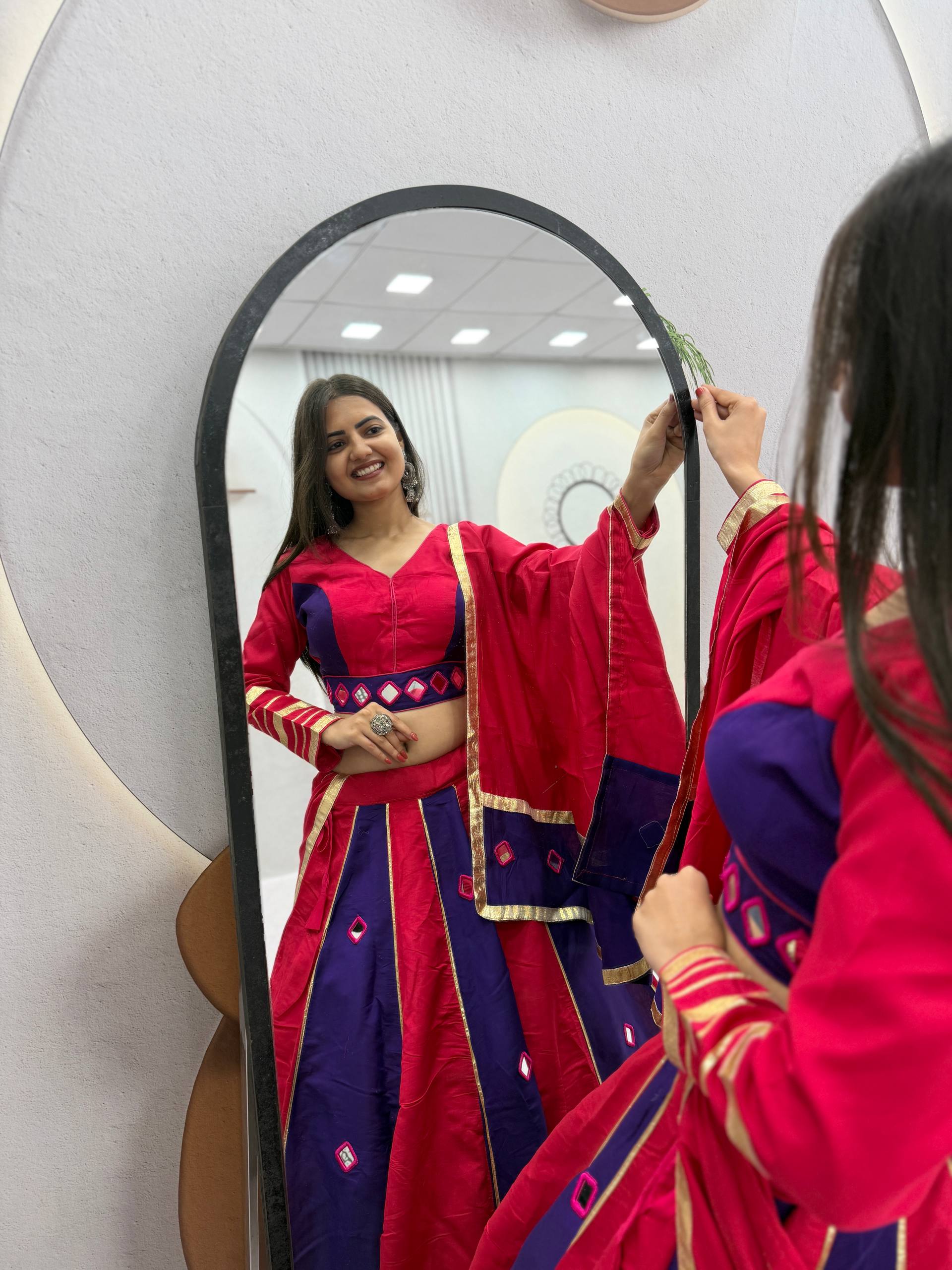 Rani Pink & Navy Blue Roman Silk Mirror Work Lehenga Choli Set