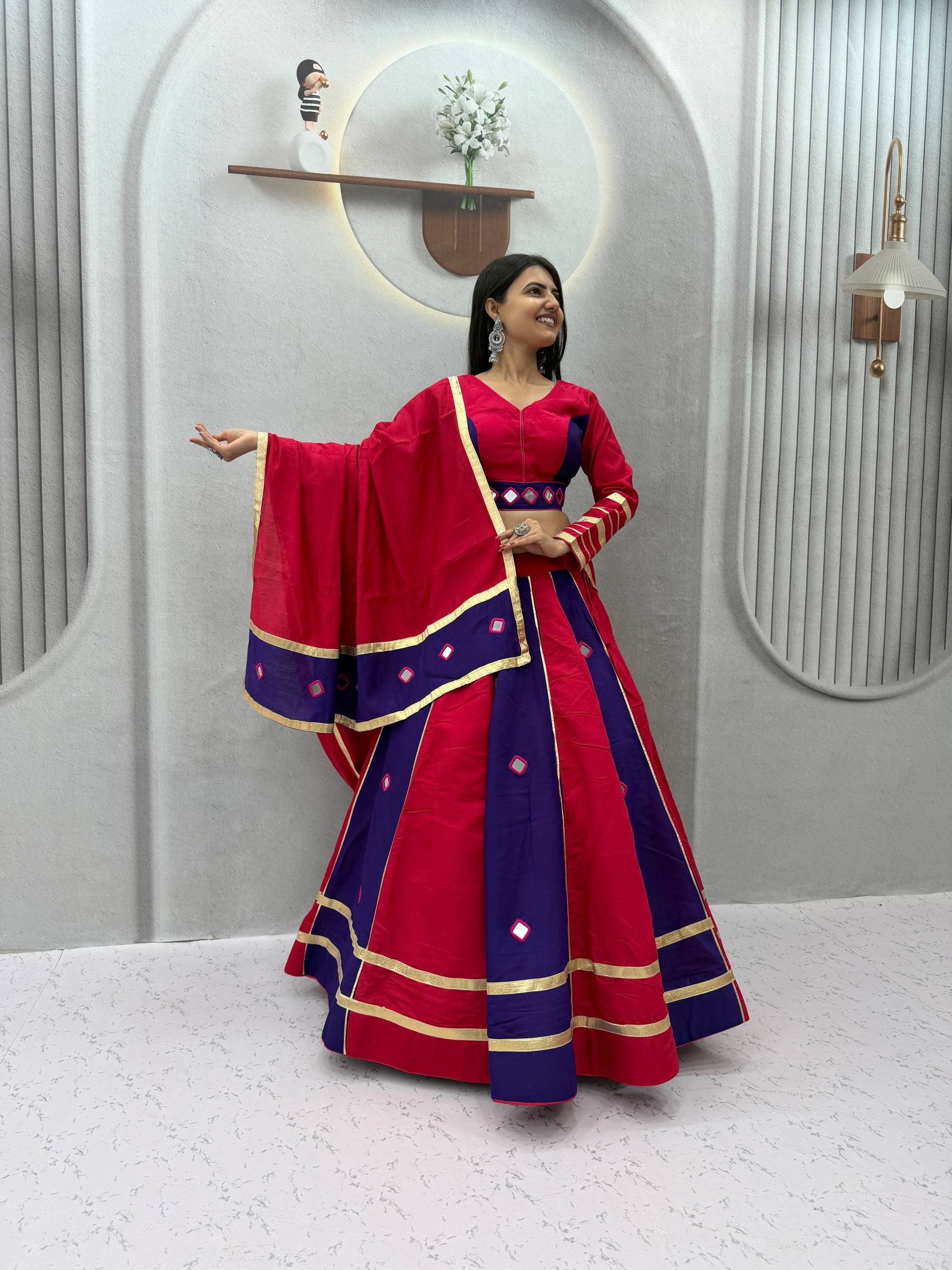 Rani Pink & Navy Blue Roman Silk Mirror Work Lehenga Choli Set