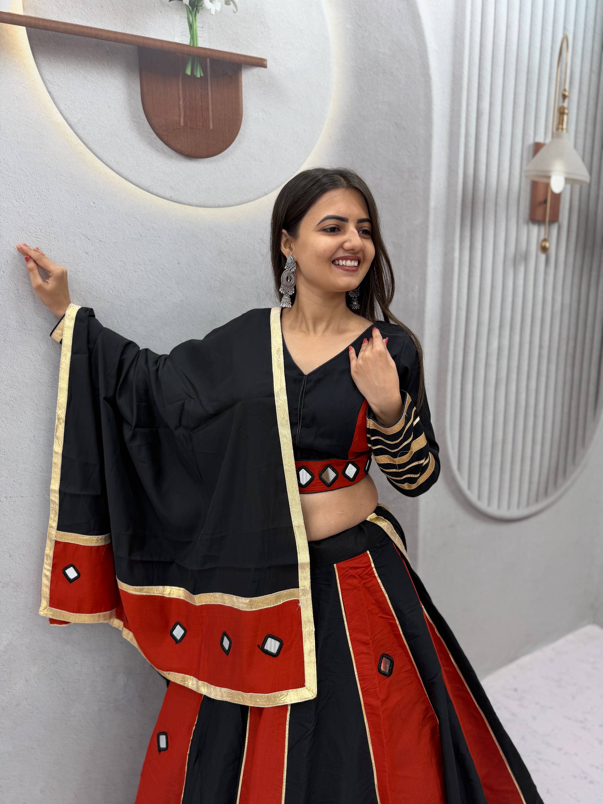 Black & Rust Orange Roman Silk Mirror Work Lehenga Choli Set