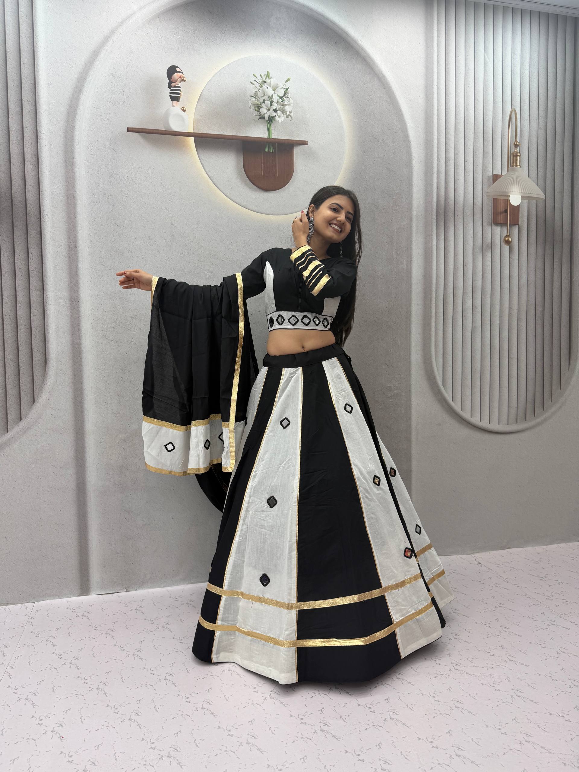 Black & White Roman Silk Mirror Work Lehenga Choli with 6+ Meter Flair