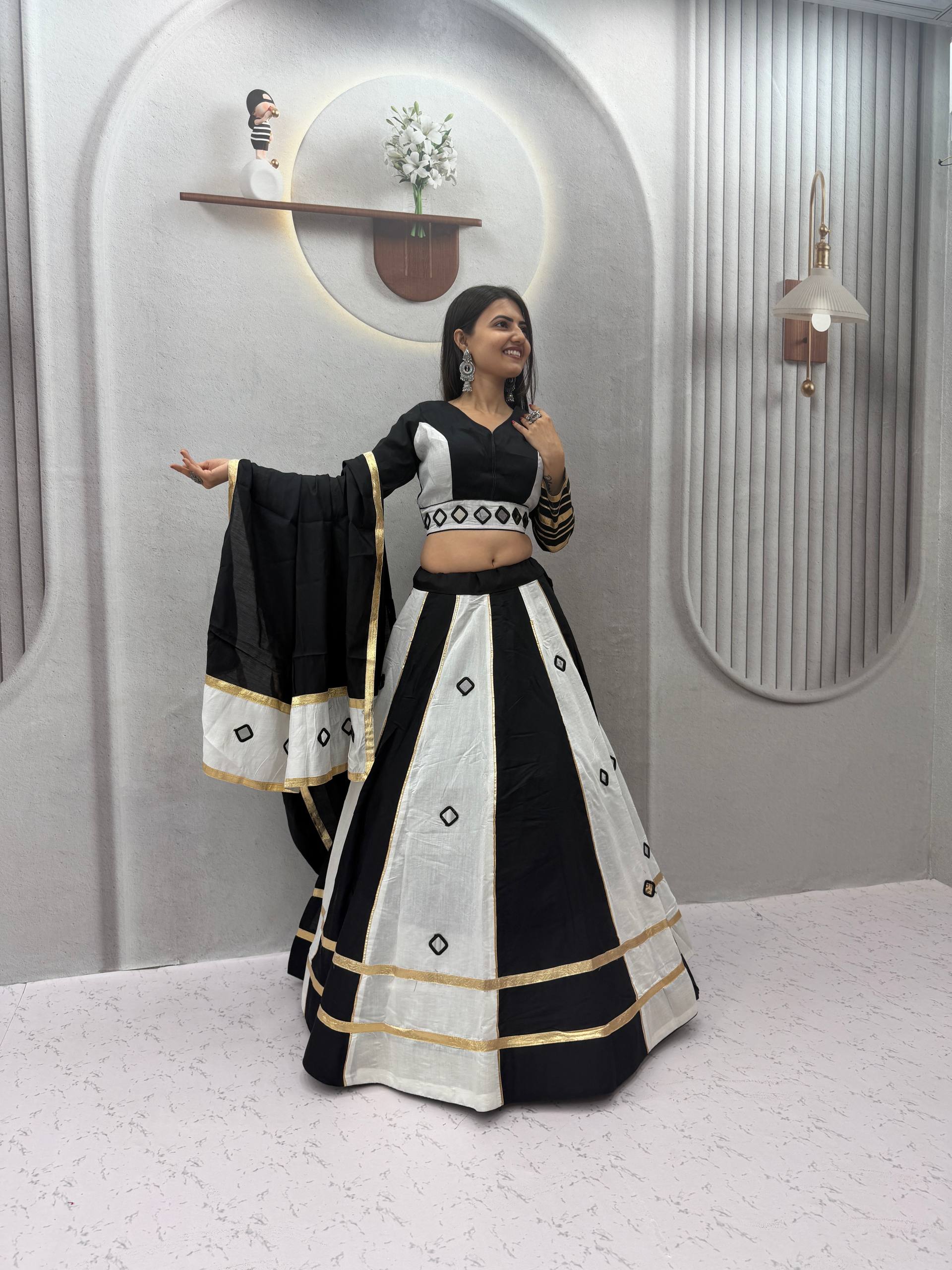 Black & White Roman Silk Mirror Work Lehenga Choli with 6+ Meter Flair