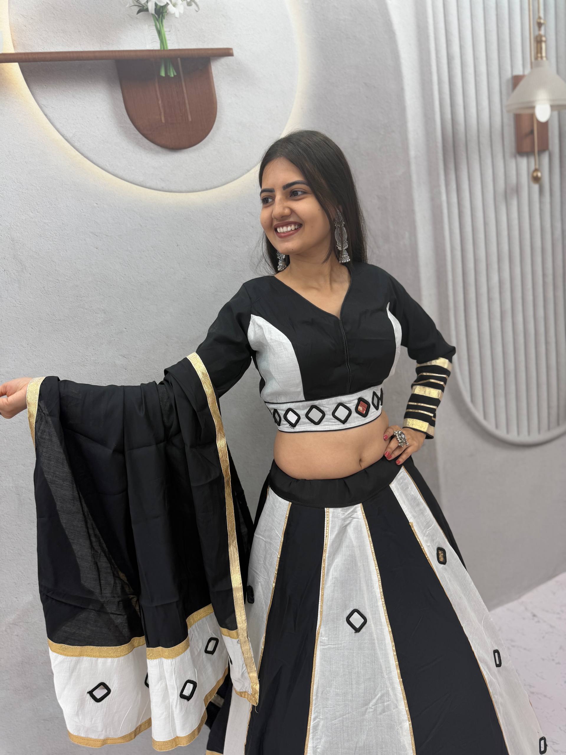 Black & White Roman Silk Mirror Work Lehenga Choli with 6+ Meter Flair