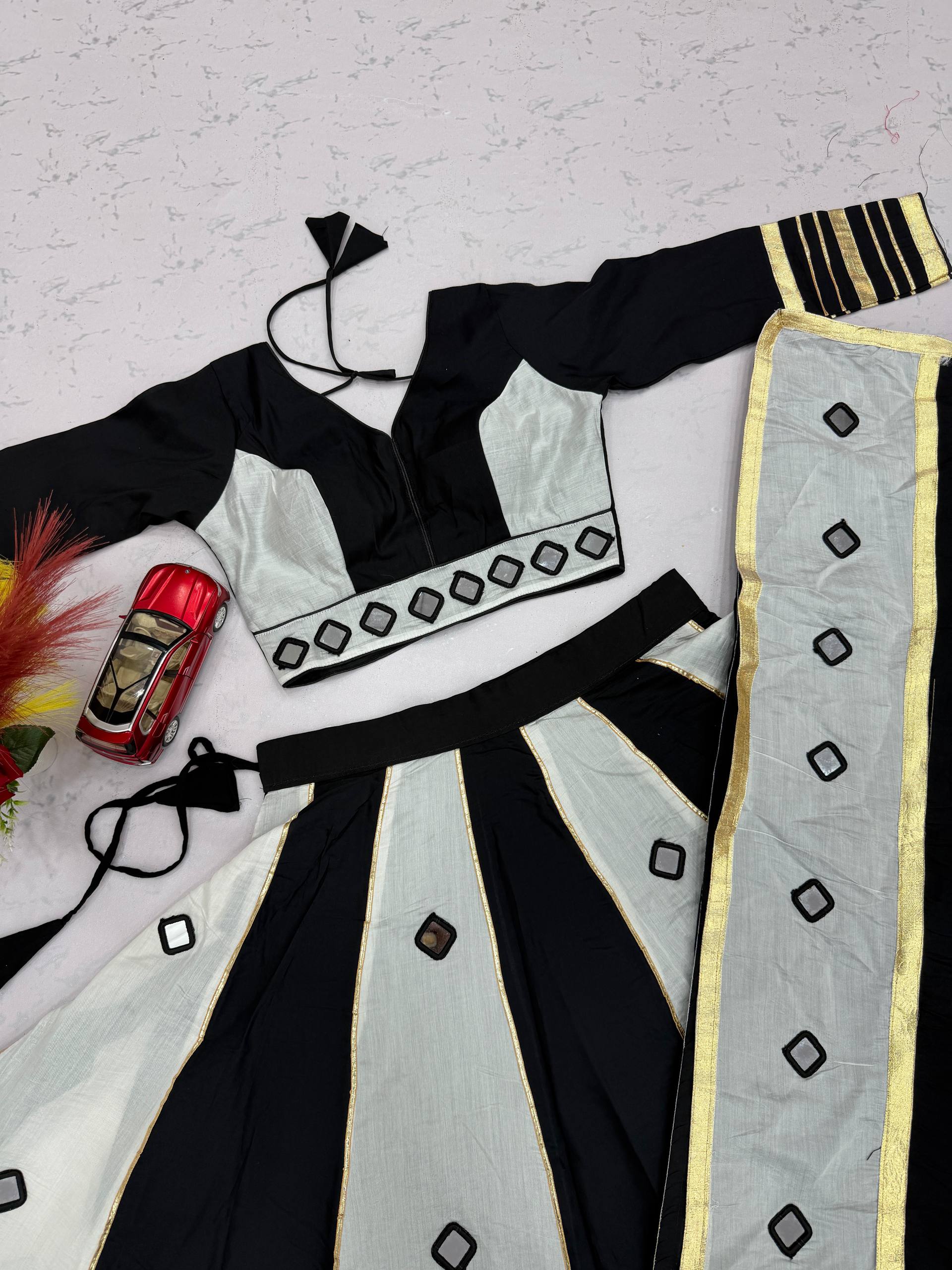 Black & White Roman Silk Mirror Work Lehenga Choli with 6+ Meter Flair