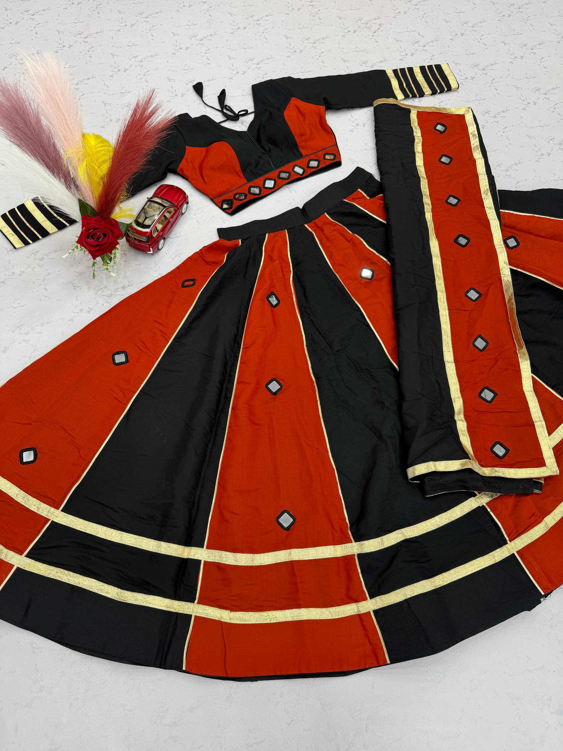 Black & Rust Orange Roman Silk Mirror Work Lehenga Choli Set