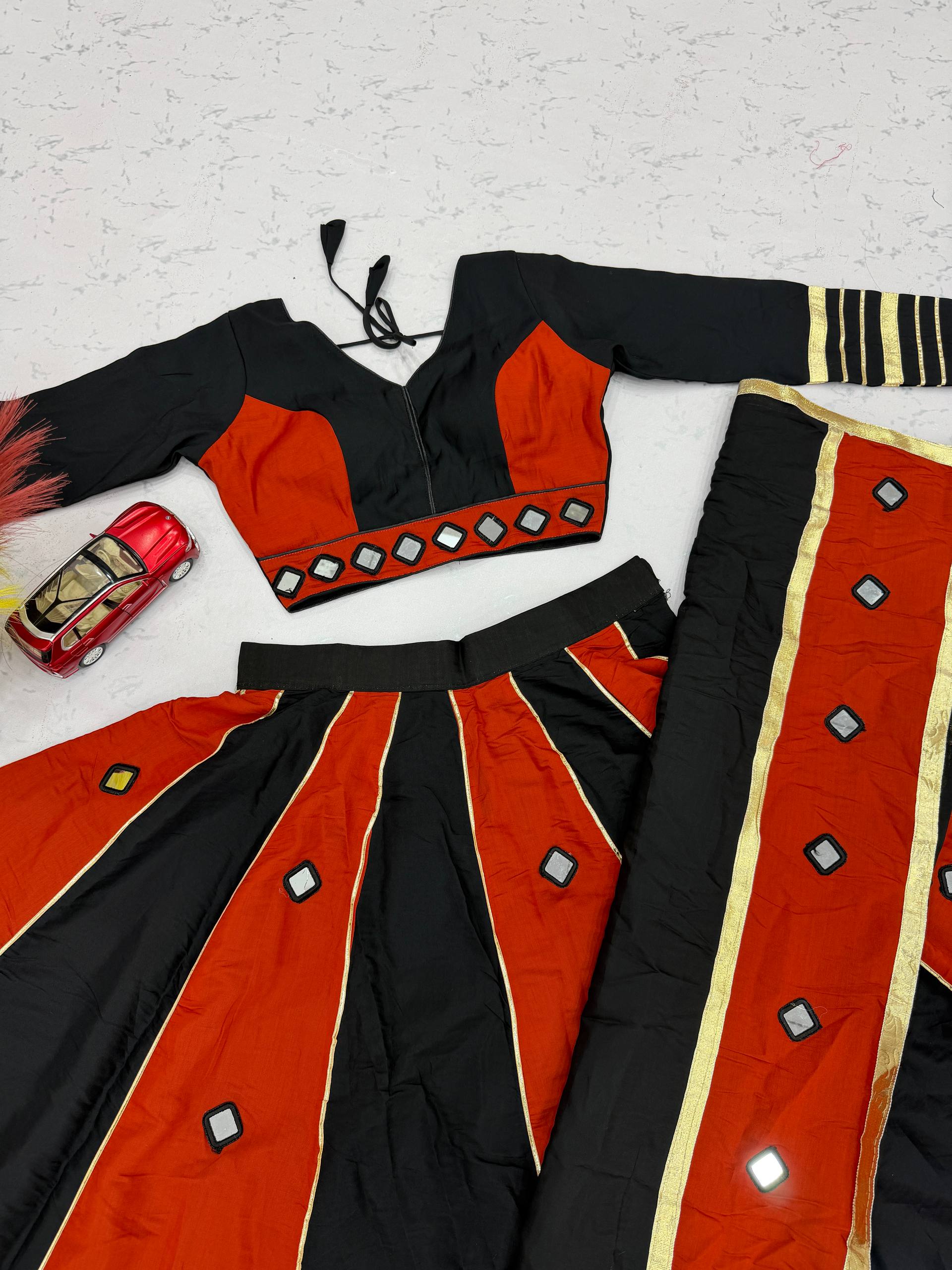 Black & Rust Orange Roman Silk Mirror Work Lehenga Choli Set
