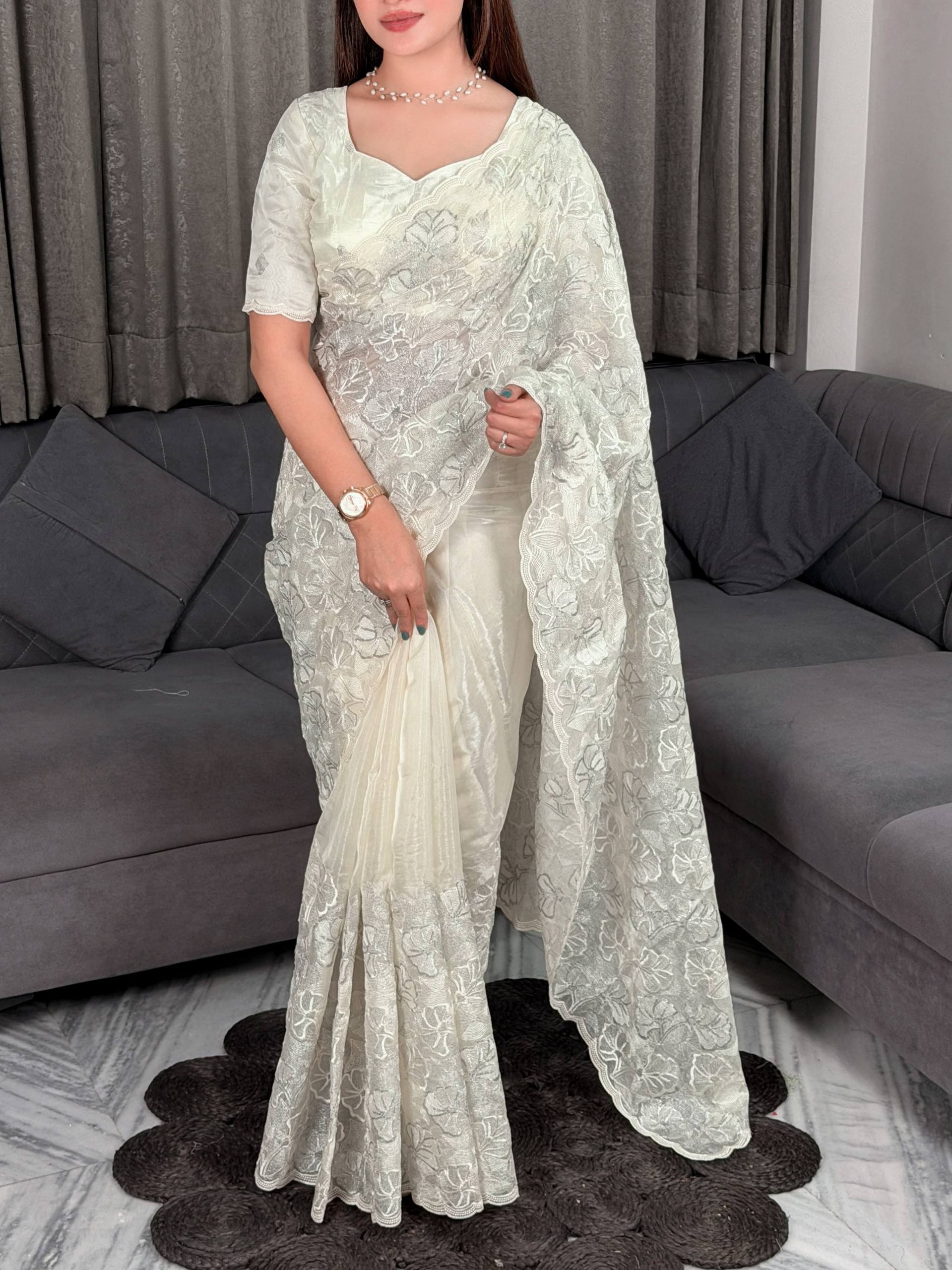 Ivory Beige Chanda Silk Turkish Embroidery Sequins Saree with Blouse