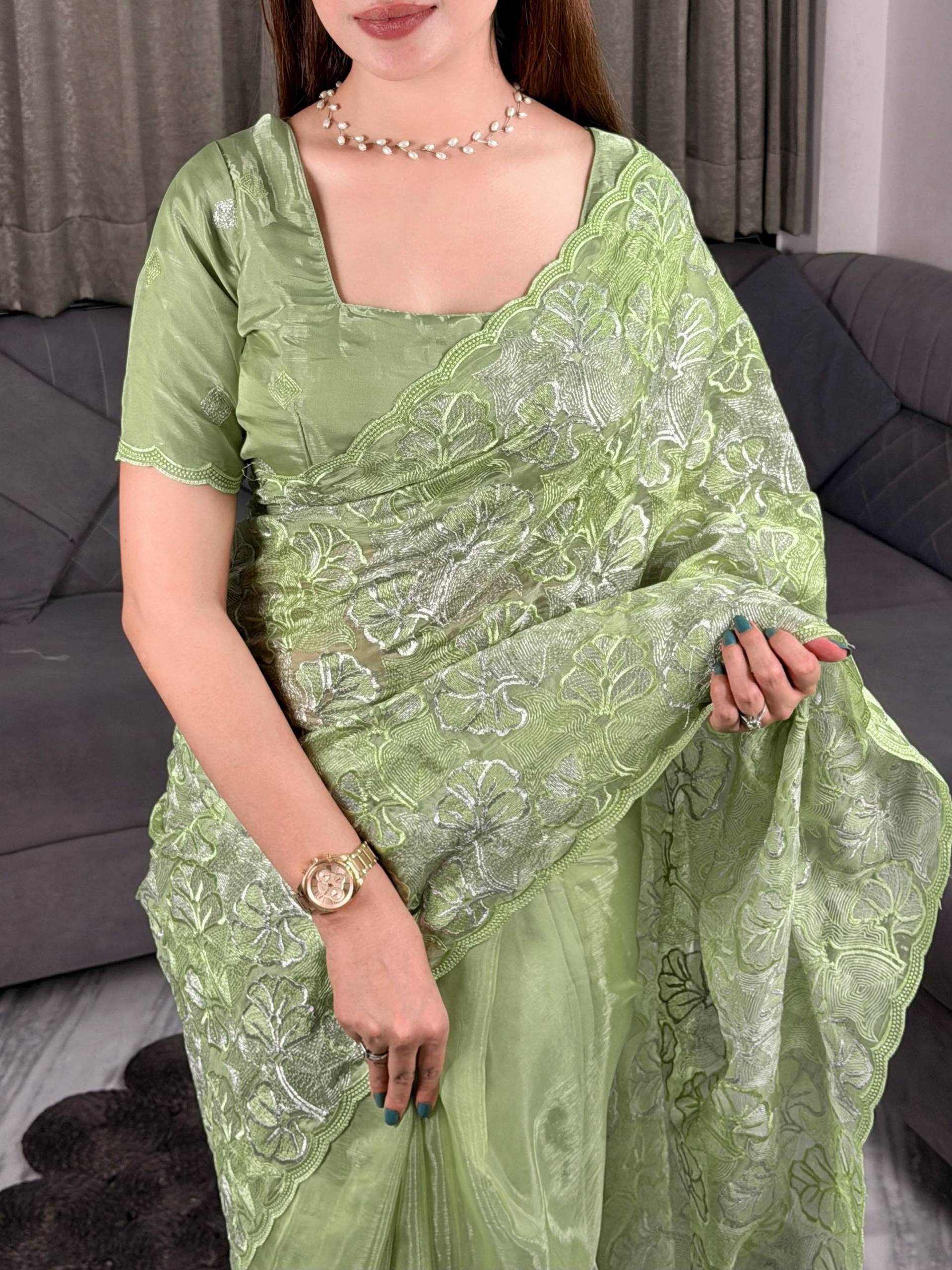 Sage Green Chanda Silk Turkish Embroidery Sequins Saree with Blouse