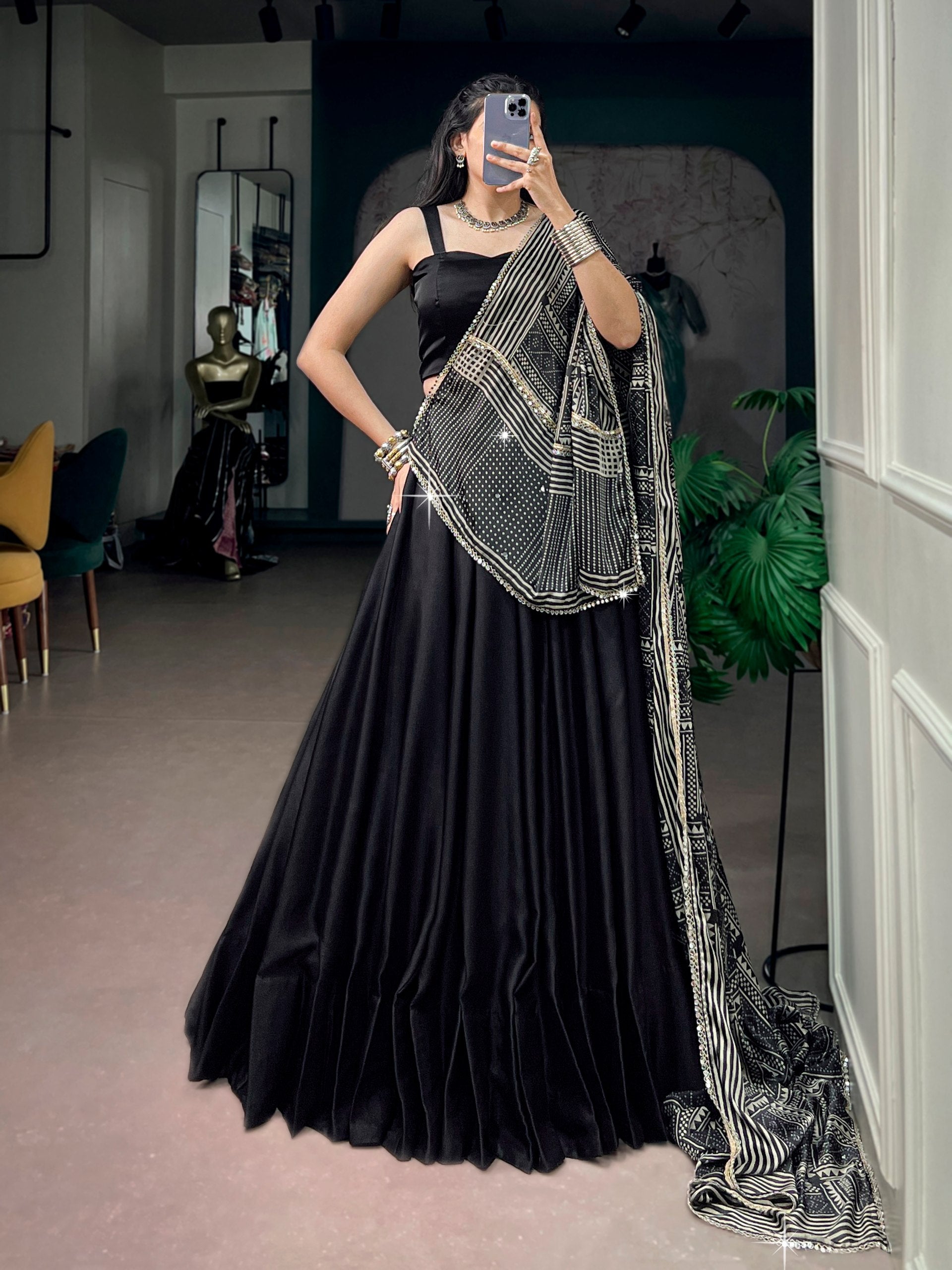 Classic Black Moonga Silk Navratri Lehenga Choli with Printed Dupatta