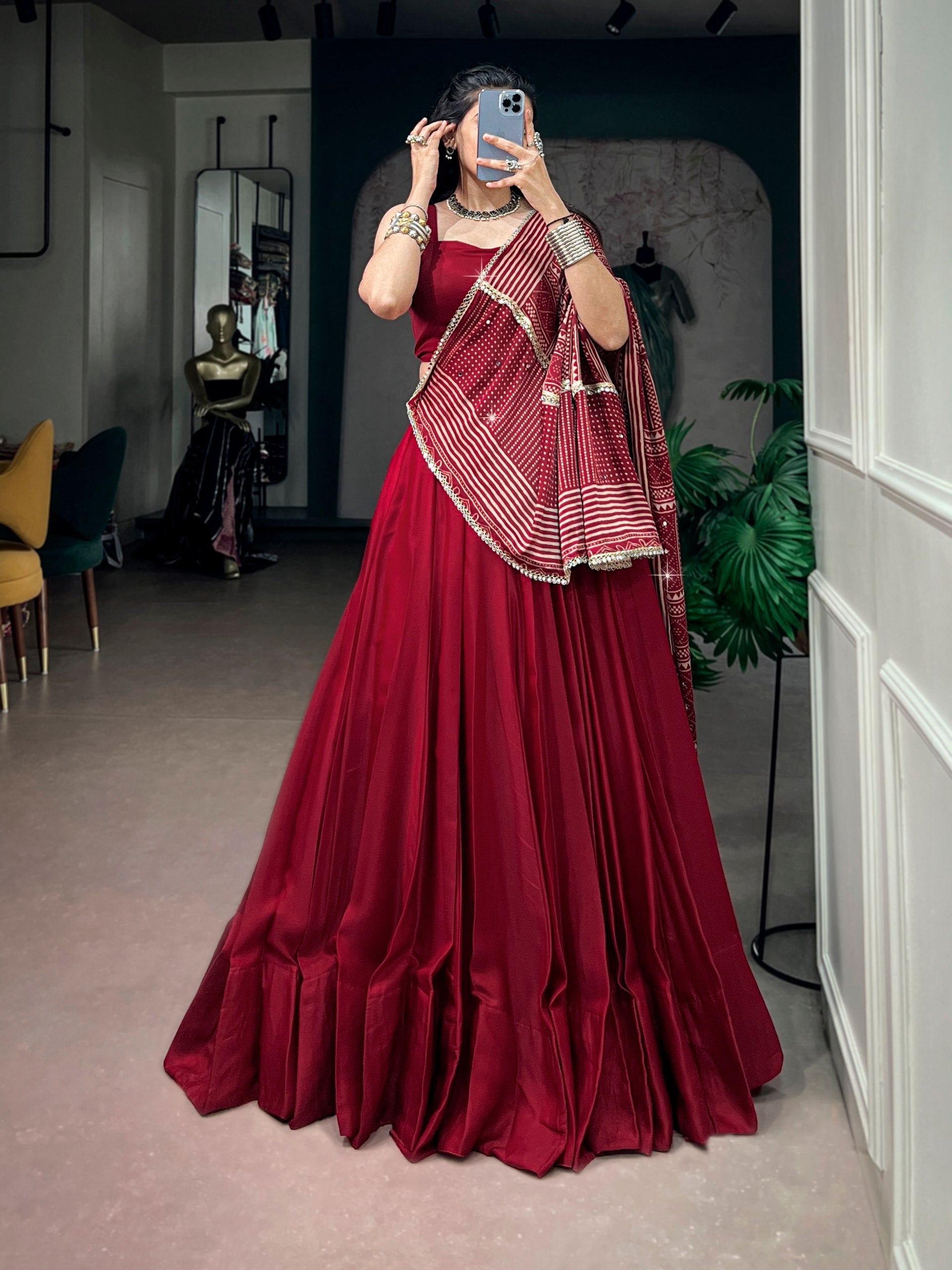 Maroon Moonga Silk Navratri Lehenga Choli with Printed Dupatta