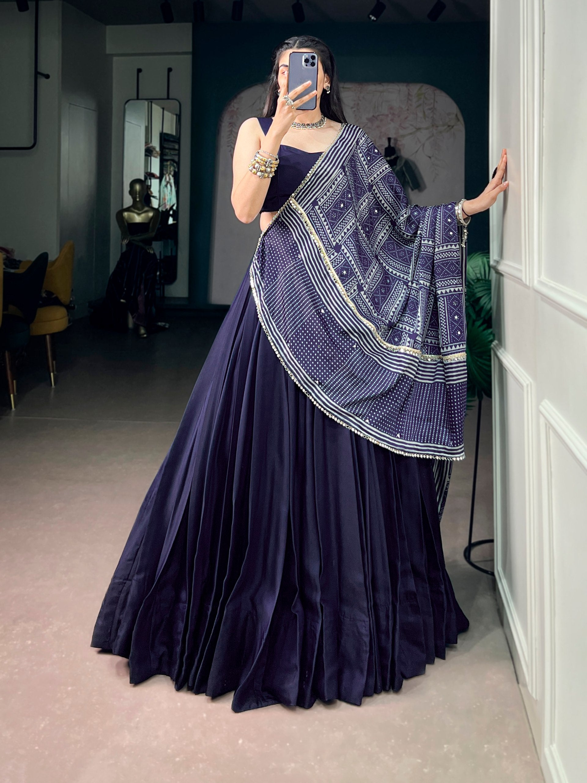 Midnight Navy Moonga Silk Navratri Lehenga Choli with Printed Dupatta