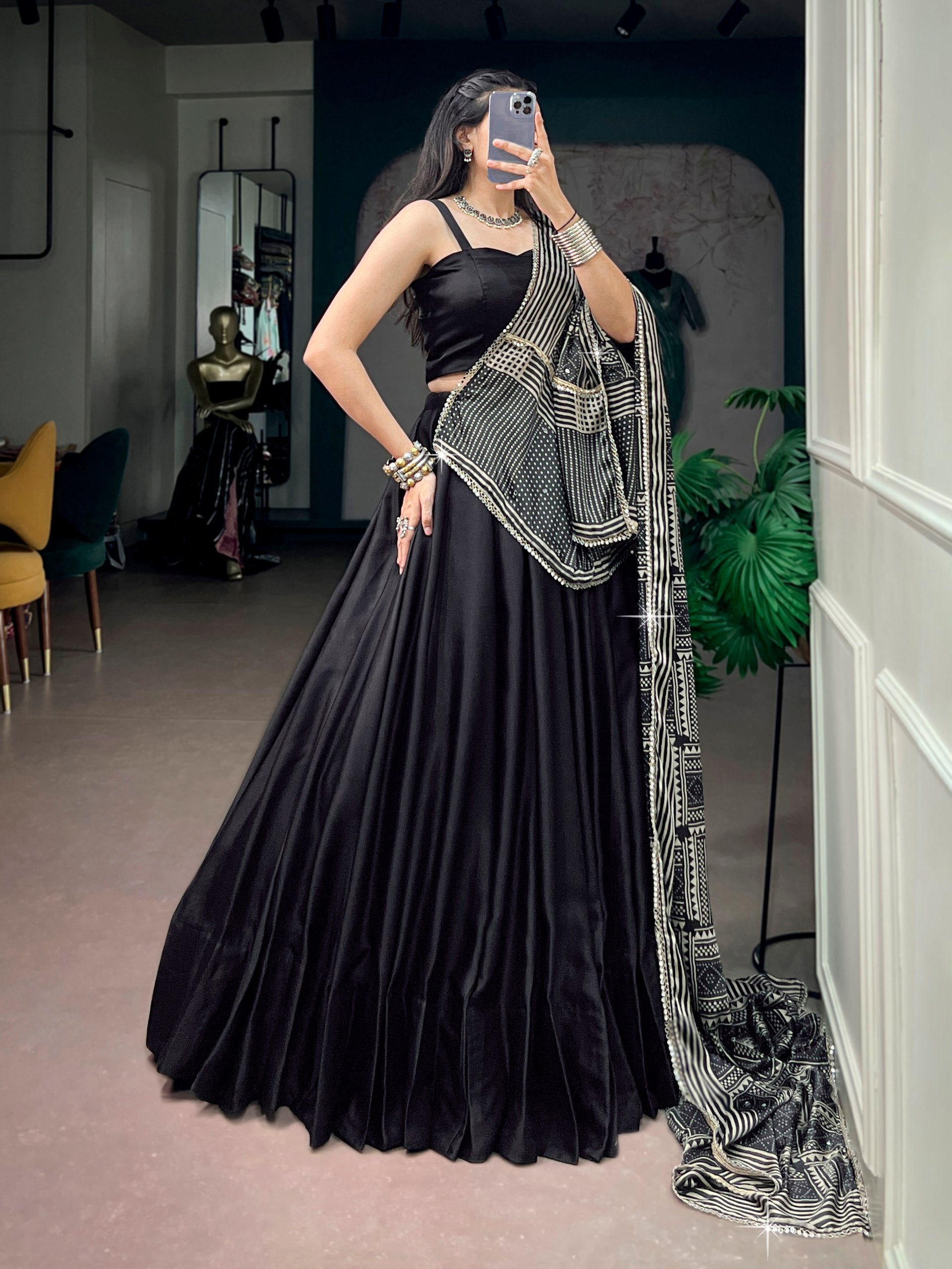 Classic Black Moonga Silk Navratri Lehenga Choli with Printed Dupatta