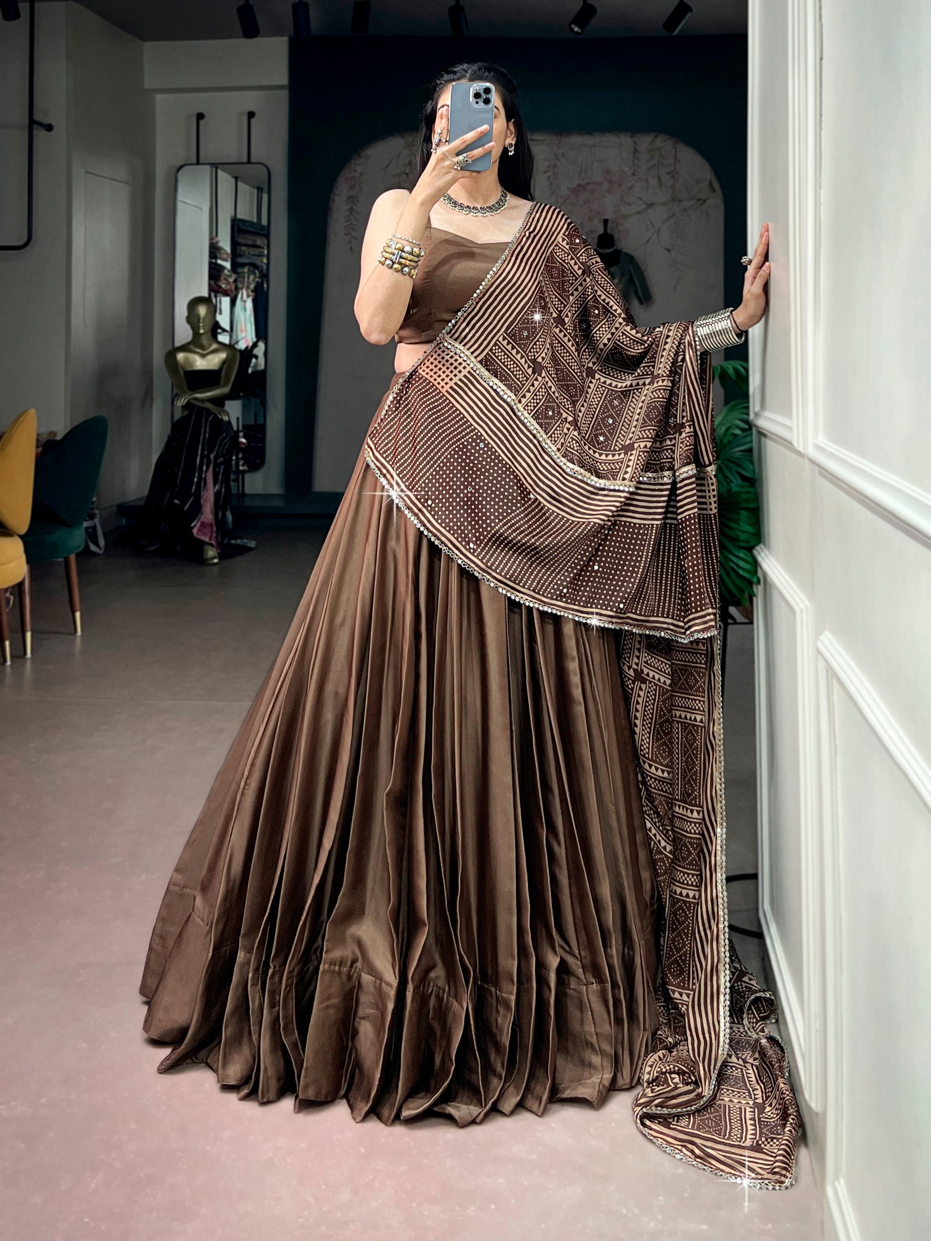 Chocolate Brown Moonga Silk Navratri Lehenga Choli with Printed Dupatta