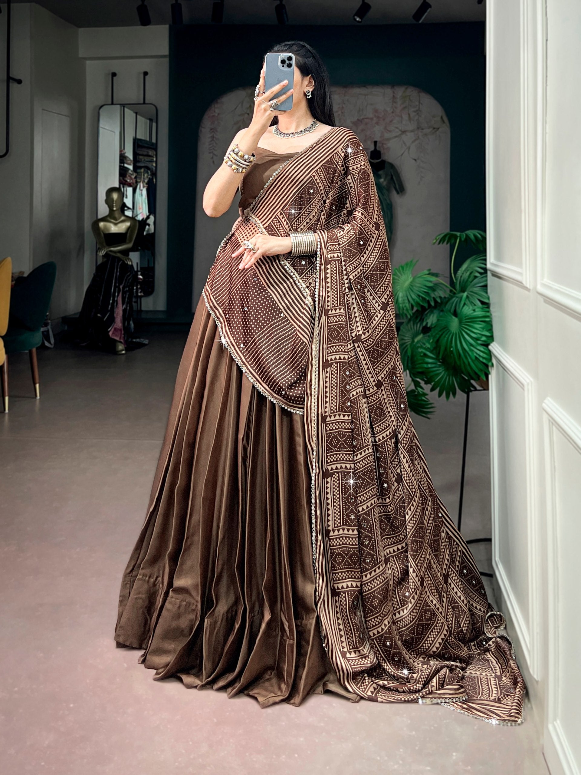 Chocolate Brown Moonga Silk Navratri Lehenga Choli with Printed Dupatta