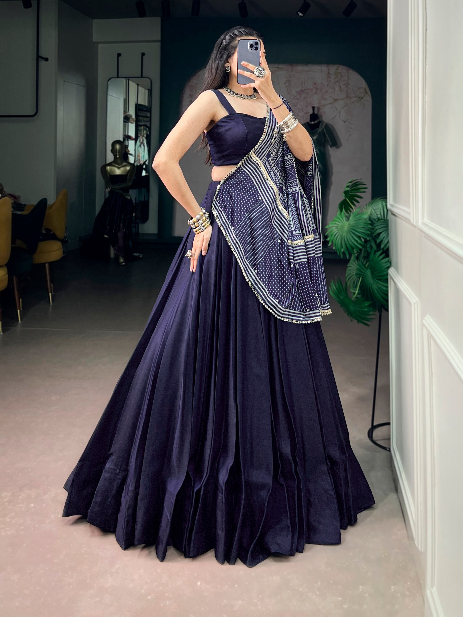 Midnight Navy Moonga Silk Navratri Lehenga Choli with Printed Dupatta