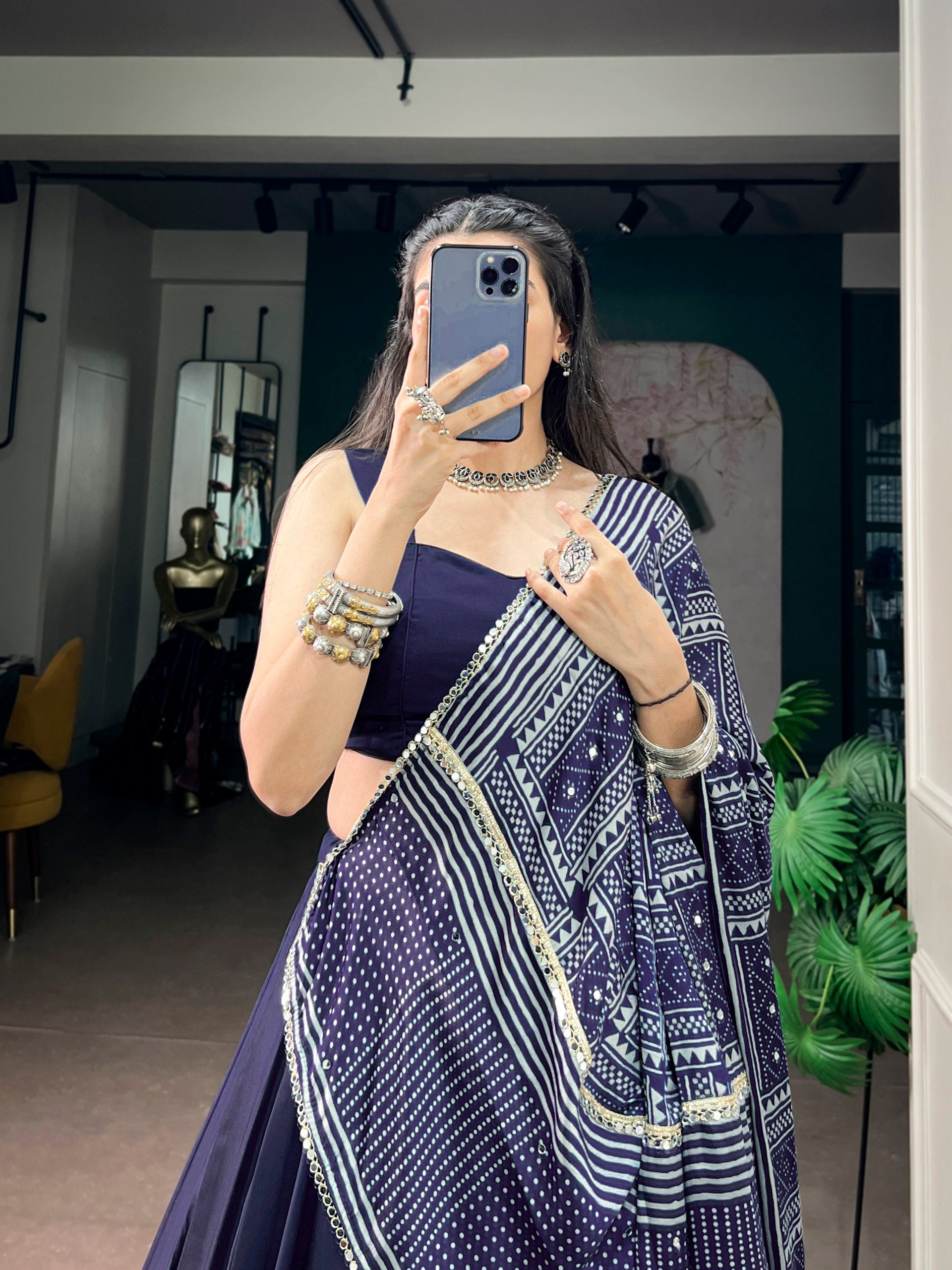 Midnight Navy Moonga Silk Navratri Lehenga Choli with Printed Dupatta