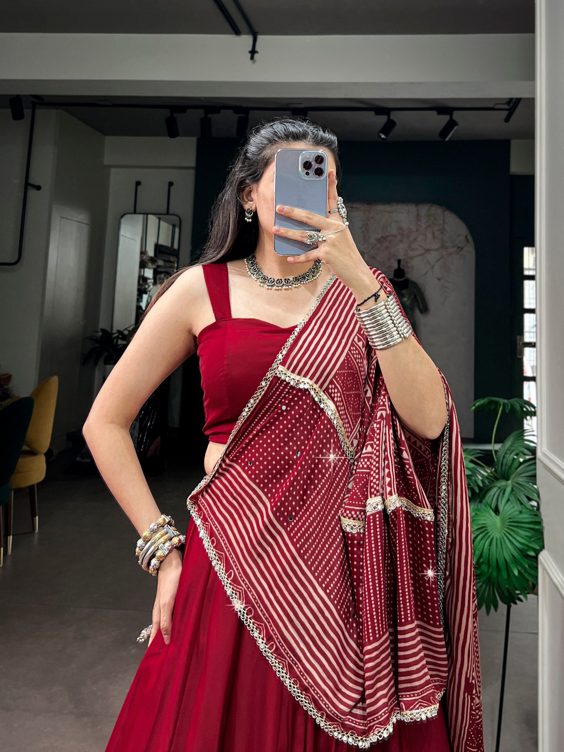 Maroon Moonga Silk Navratri Lehenga Choli with Printed Dupatta