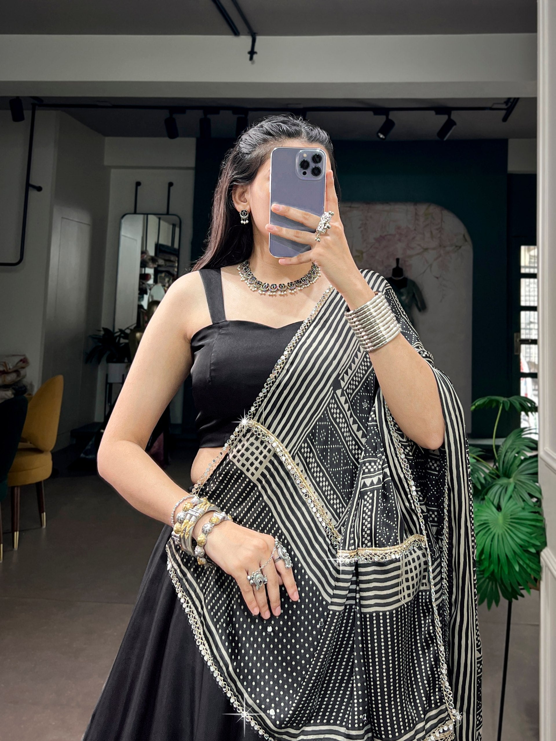 Classic Black Moonga Silk Navratri Lehenga Choli with Printed Dupatta