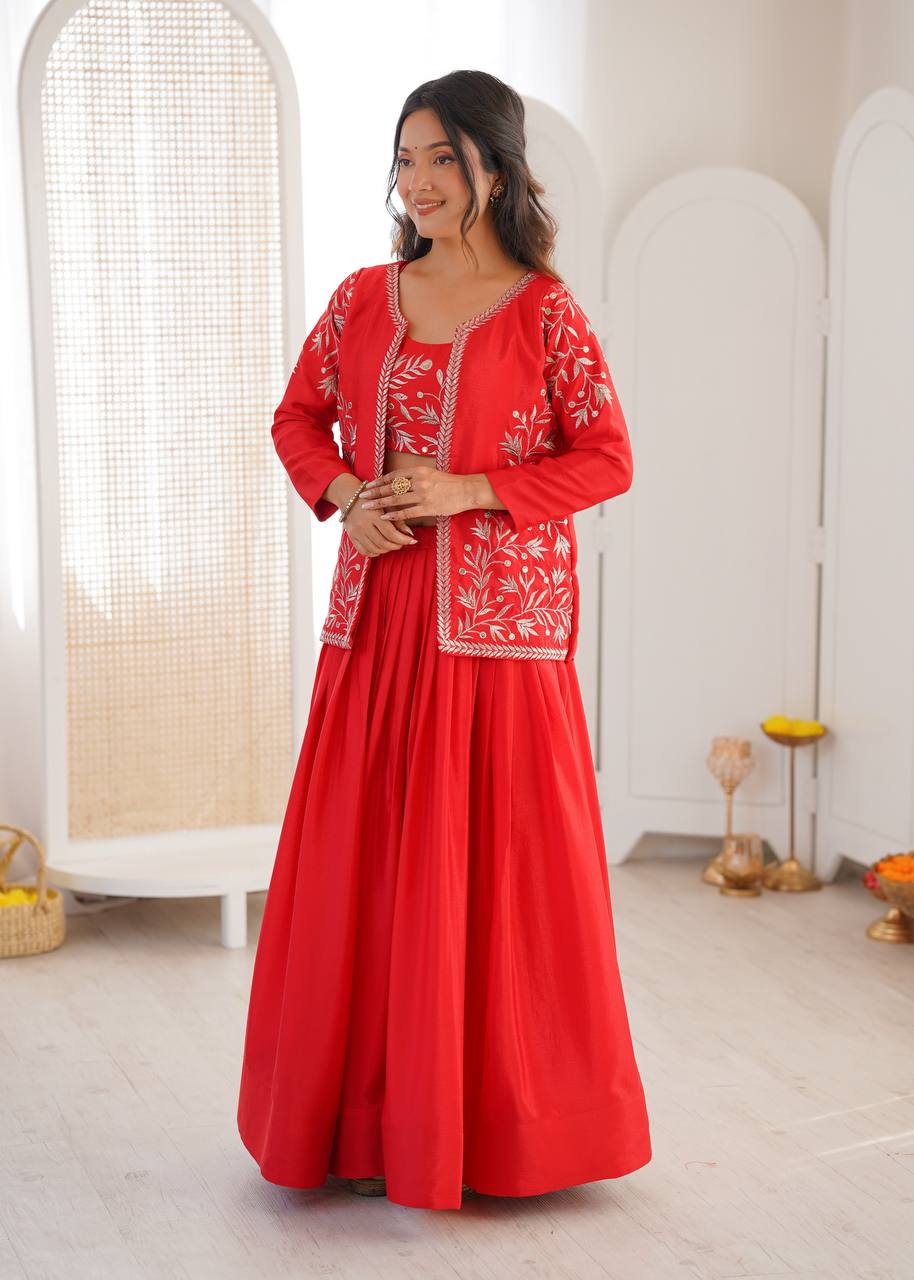 Red Chinon Silk Lehenga Choli with Embroidered Koti – 3 Piece Set