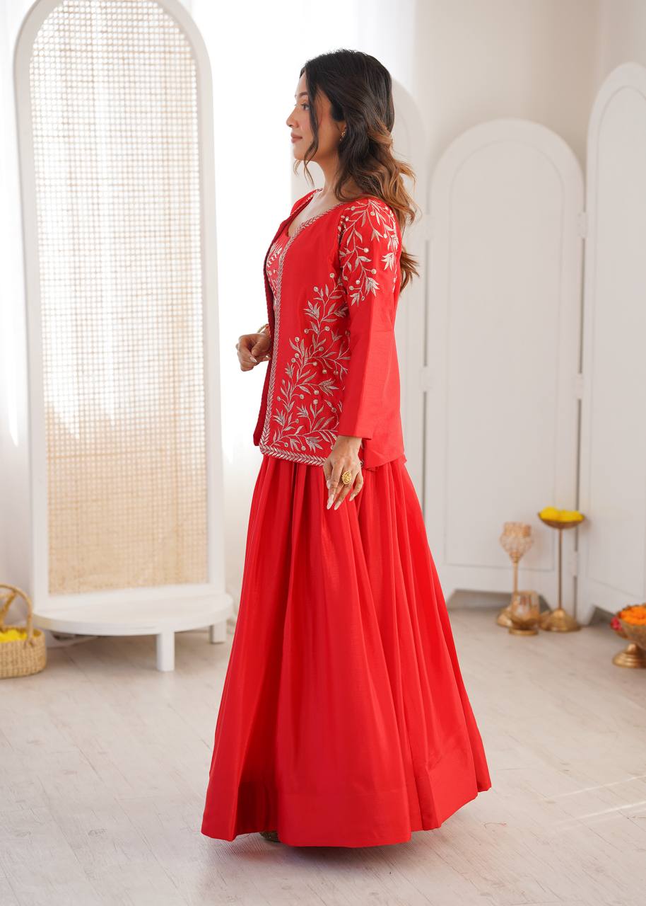 Red Chinon Silk Lehenga Choli with Embroidered Koti – 3 Piece Set