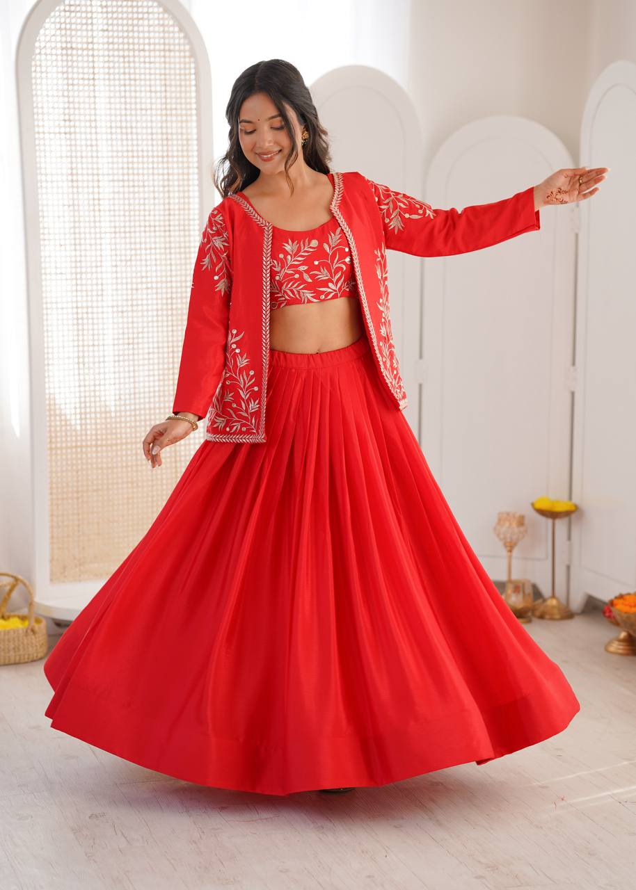 Red Chinon Silk Lehenga Choli with Embroidered Koti – 3 Piece Set