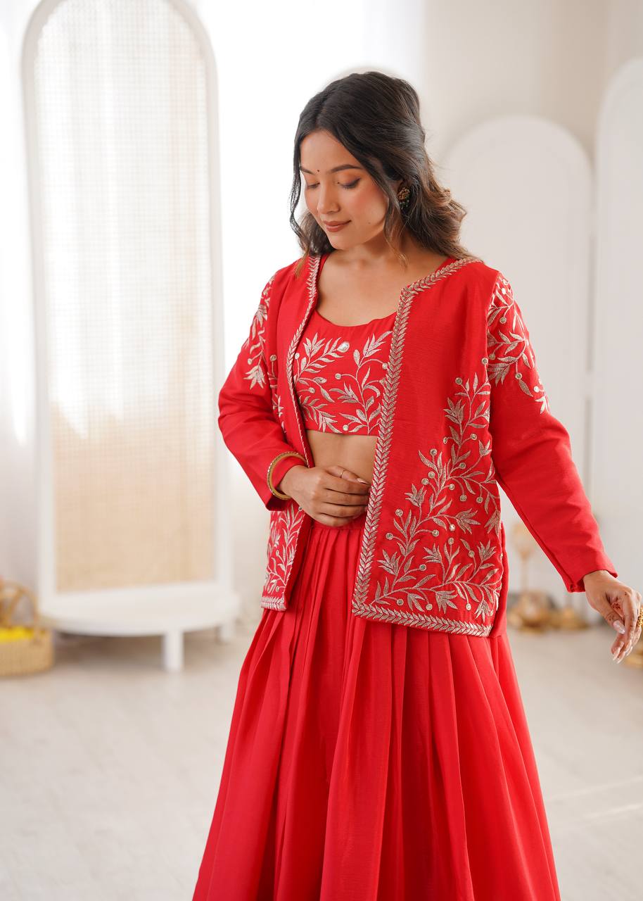 Red Chinon Silk Lehenga Choli with Embroidered Koti – 3 Piece Set