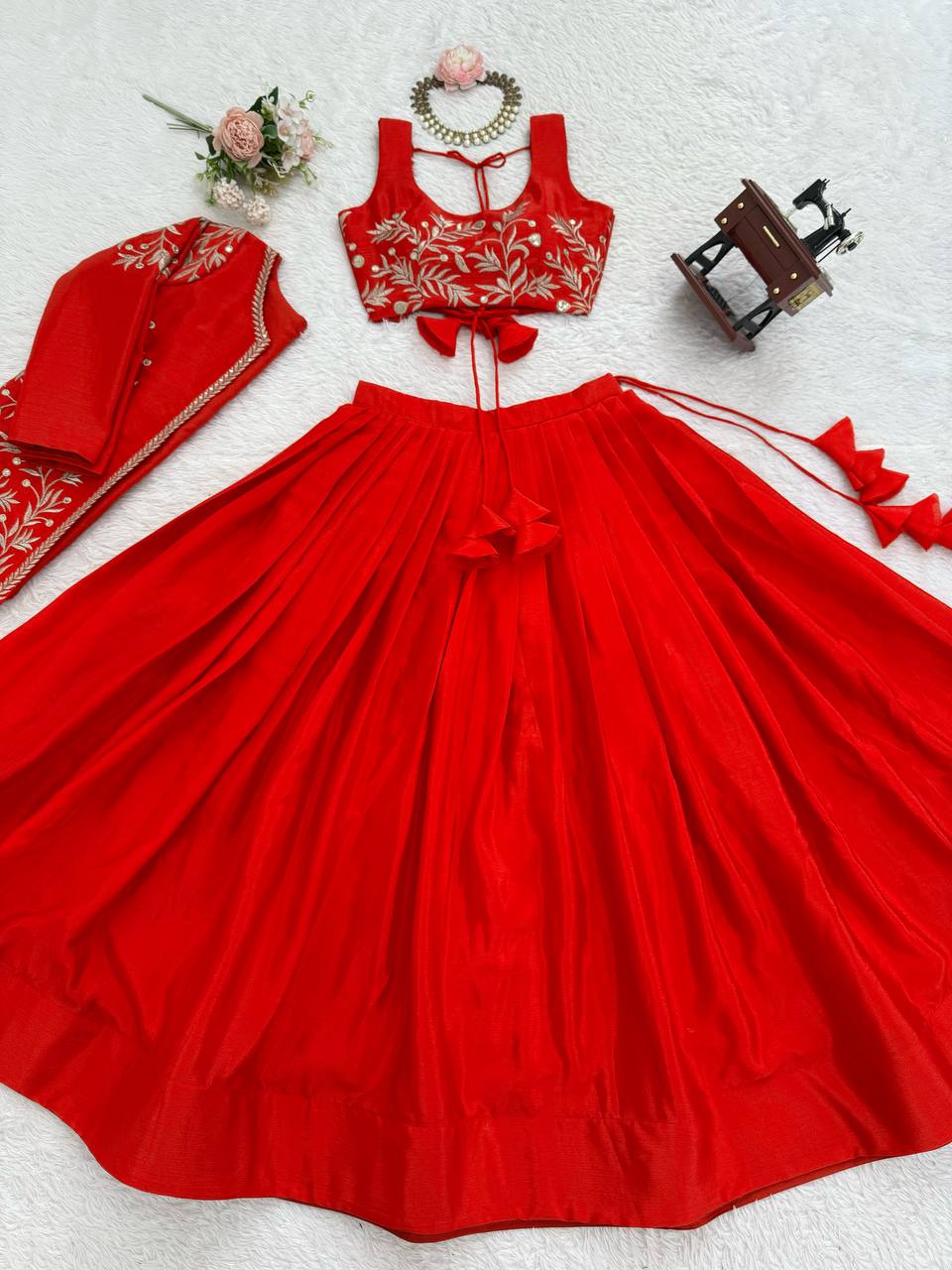 Red Chinon Silk Lehenga Choli with Embroidered Koti – 3 Piece Set