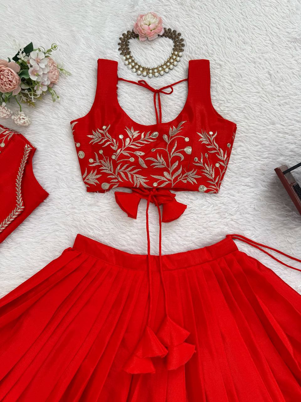 Red Chinon Silk Lehenga Choli with Embroidered Koti – 3 Piece Set