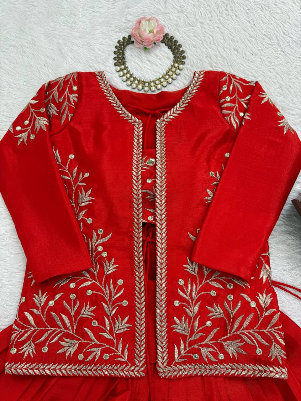 Red Chinon Silk Lehenga Choli with Embroidered Koti – 3 Piece Set