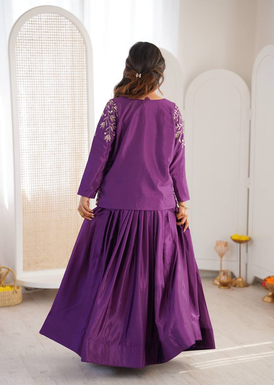 Royal Purple Chinon Silk Embroidered Lehenga Choli with Koti