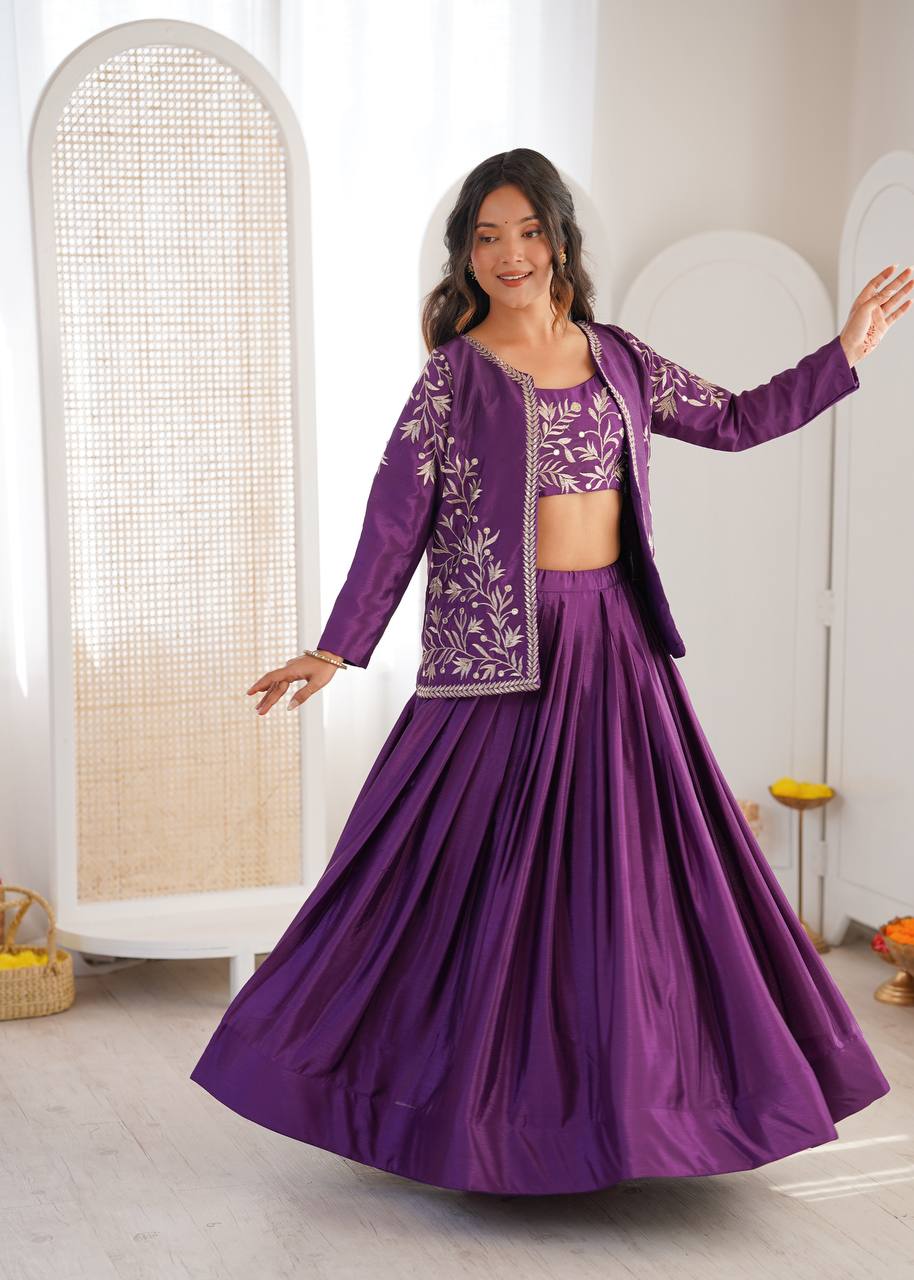 Royal Purple Chinon Silk Embroidered Lehenga Choli with Koti