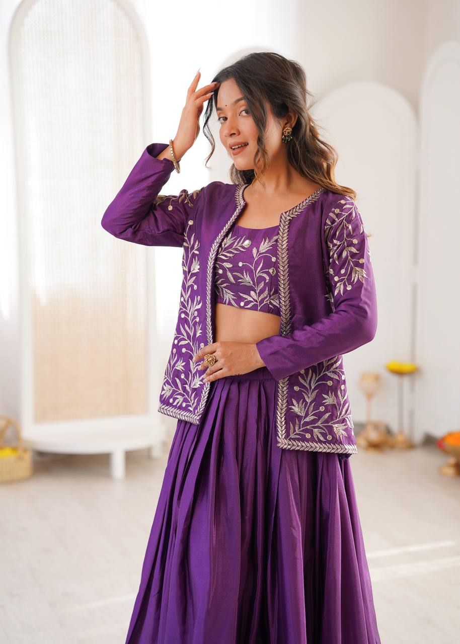 Royal Purple Chinon Silk Embroidered Lehenga Choli with Koti