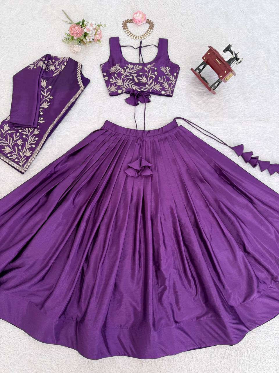 Royal Purple Chinon Silk Embroidered Lehenga Choli with Koti