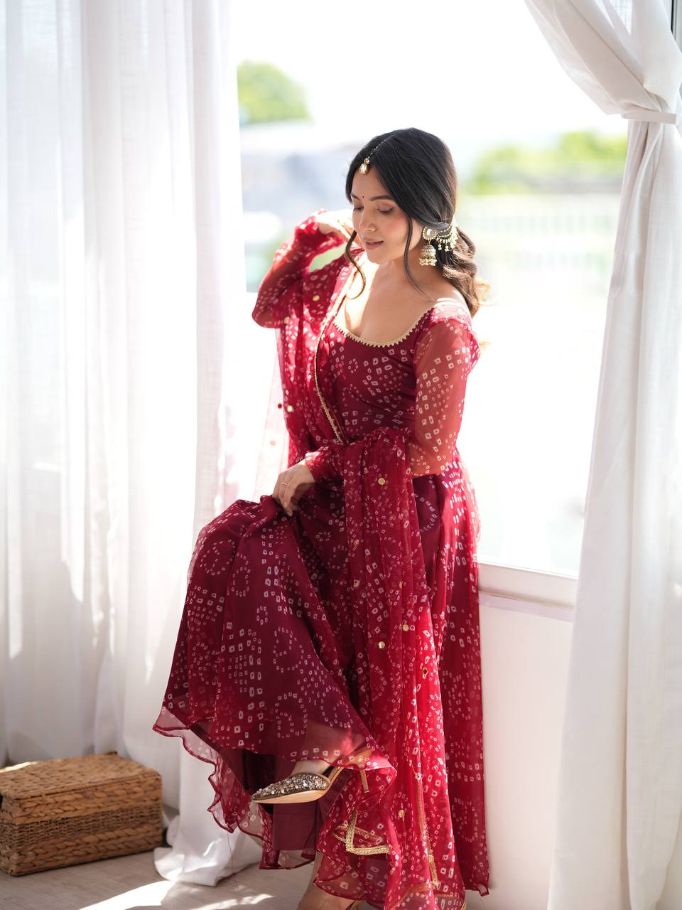 Maroon Faux Georgette Bandhani Print Anarkali Suit Set with Dupatta