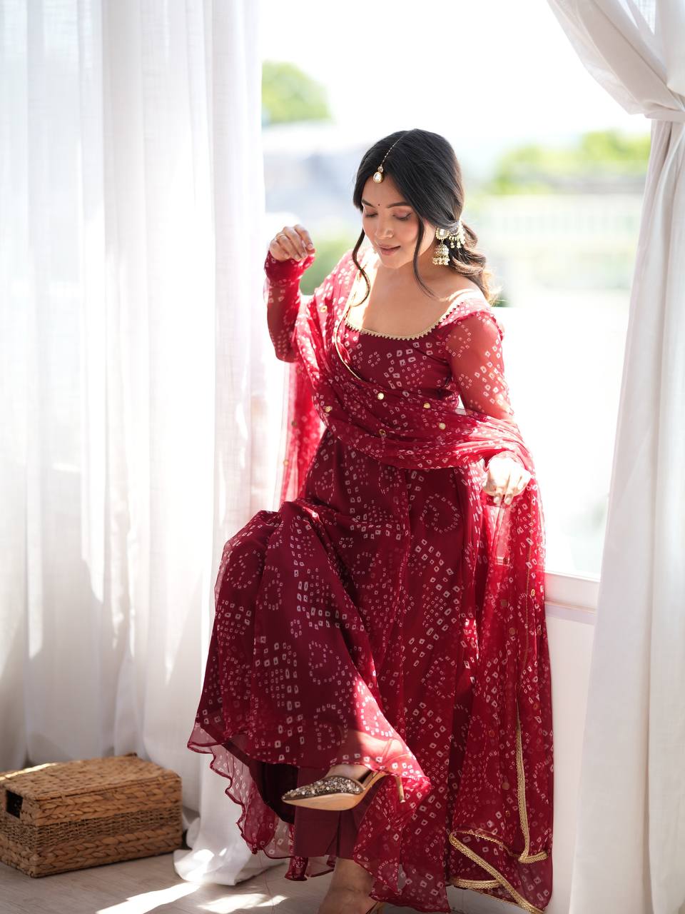 Maroon Faux Georgette Bandhani Print Anarkali Suit Set with Dupatta
