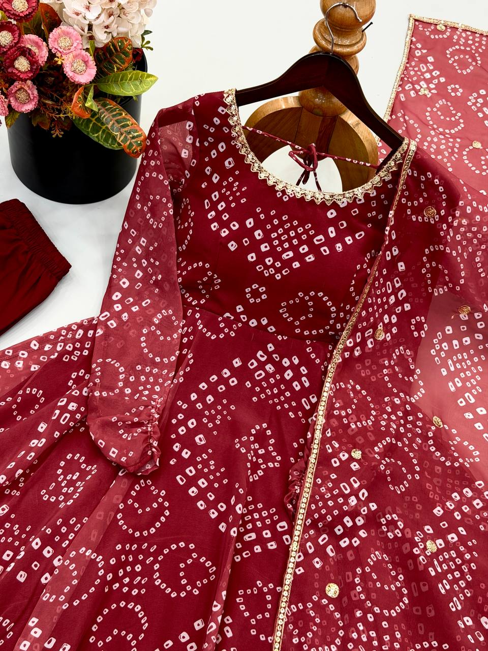 Maroon Faux Georgette Bandhani Print Anarkali Suit Set with Dupatta
