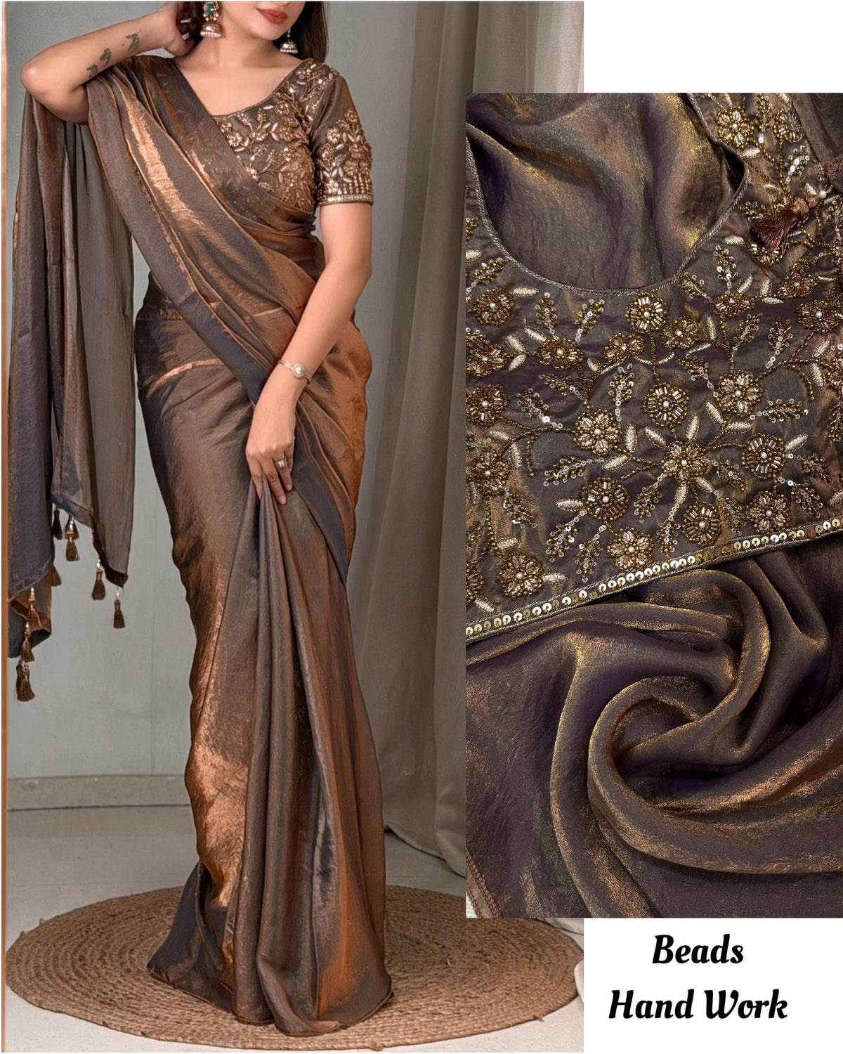 Mocha Bronze Dual Shade Fendy Satin Designer Saree with Beaded Blouse