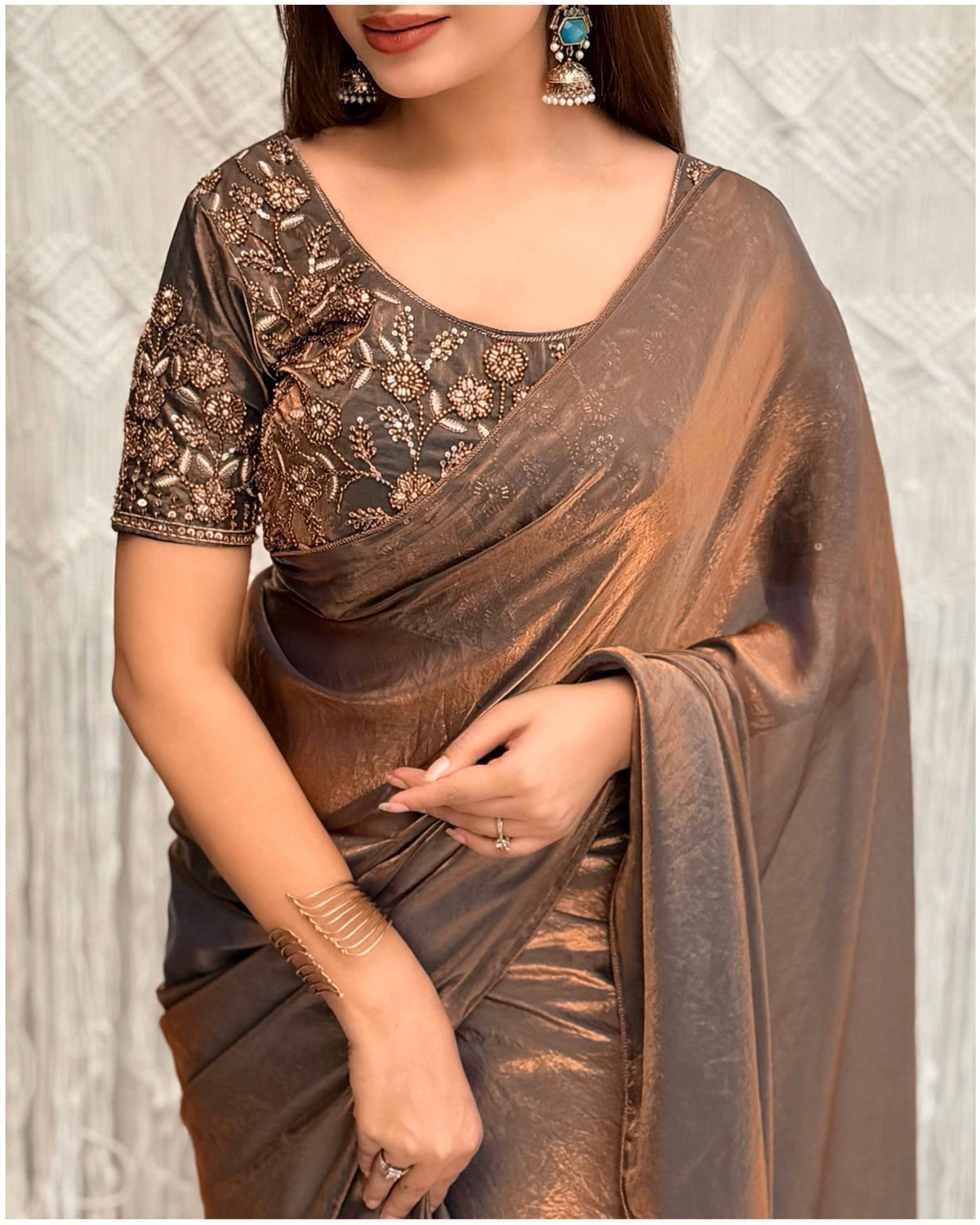 Mocha Bronze Dual Shade Fendy Satin Designer Saree with Beaded Blouse