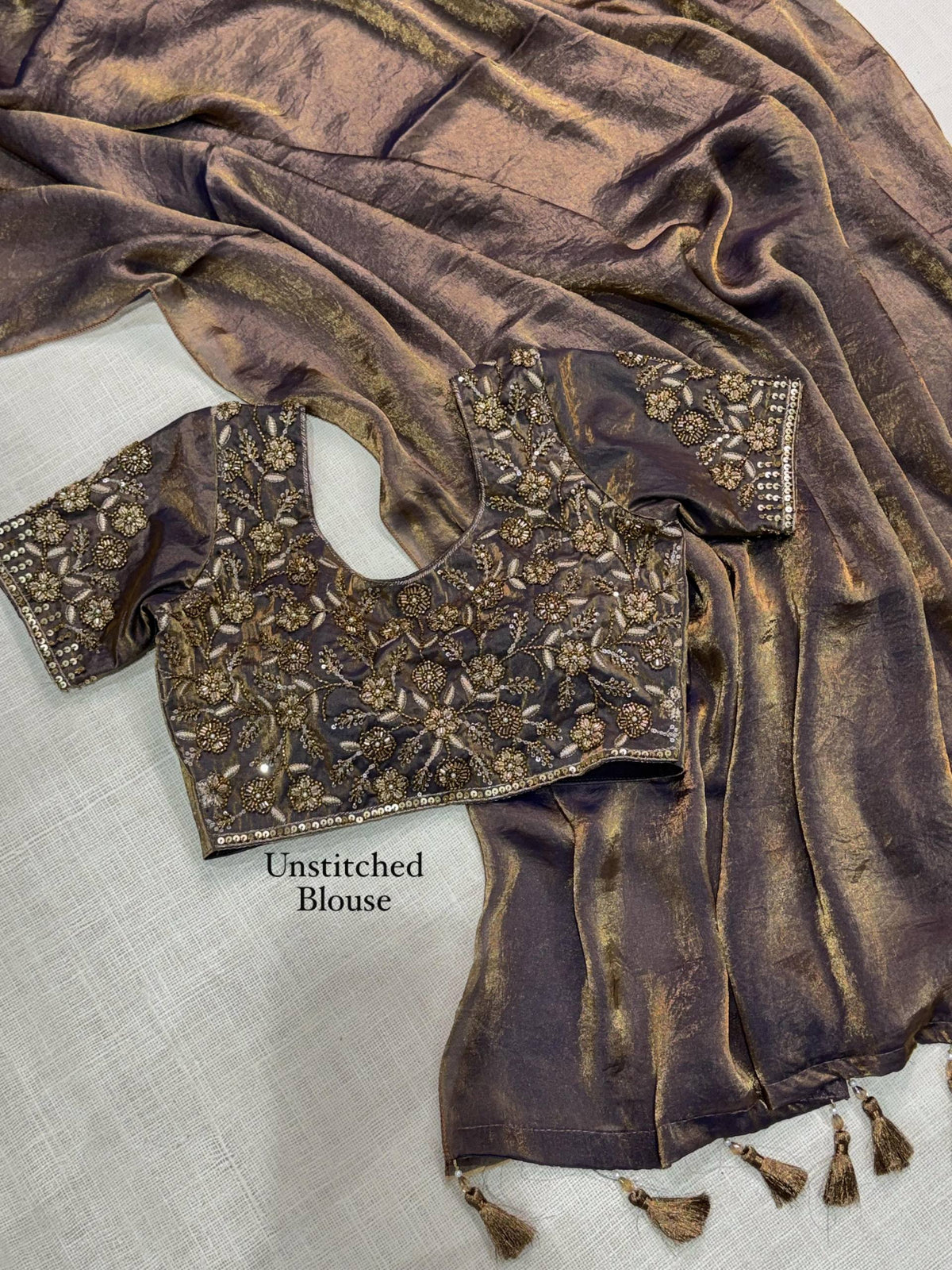 Mocha Bronze Dual Shade Fendy Satin Designer Saree with Beaded Blouse