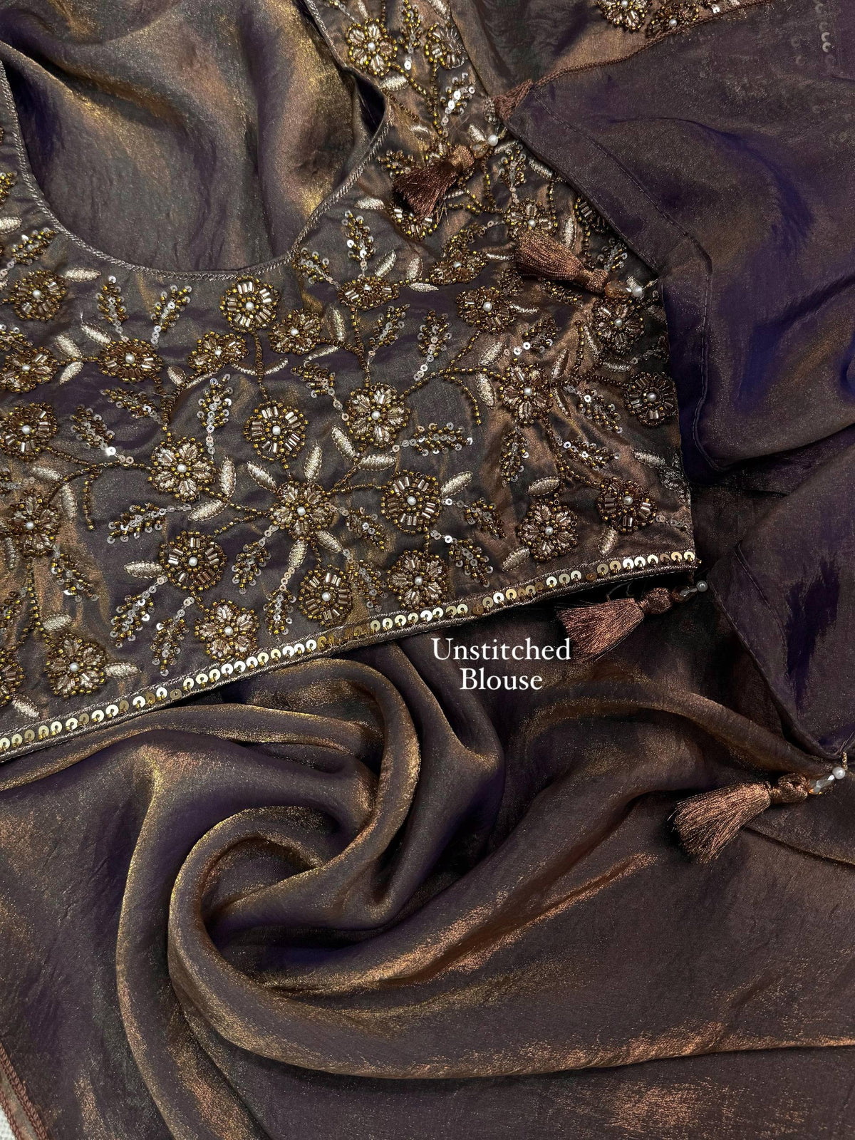 Mocha Bronze Dual Shade Fendy Satin Designer Saree with Beaded Blouse
