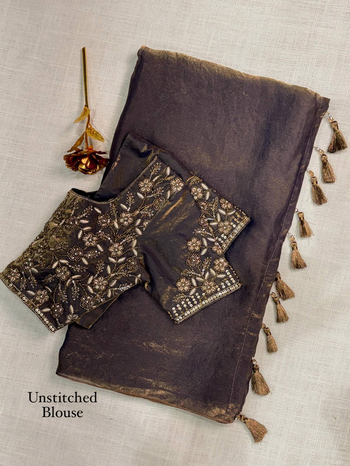 Mocha Bronze Dual Shade Fendy Satin Designer Saree with Beaded Blouse